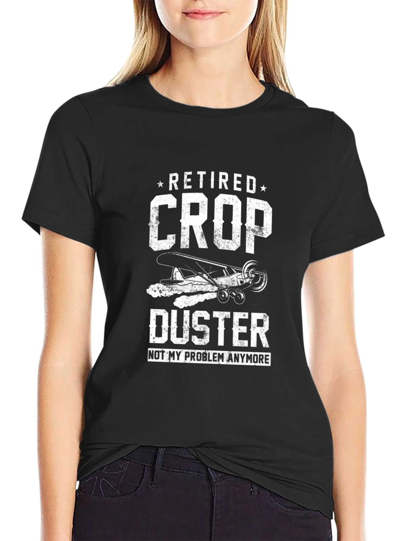 Black Retired Crop Duster T-Shirt - Funny Aviation Tee view 2