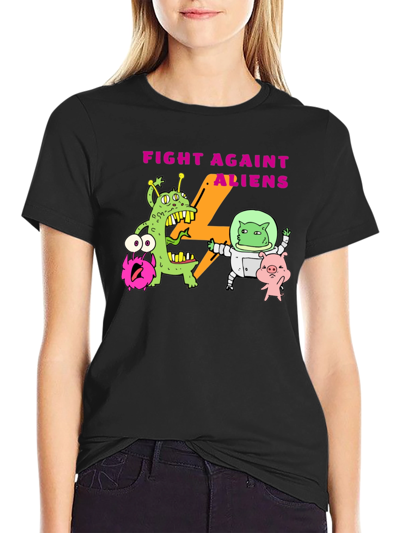 Black Fight Against Aliens Graphic T-Shirt - Black view 2