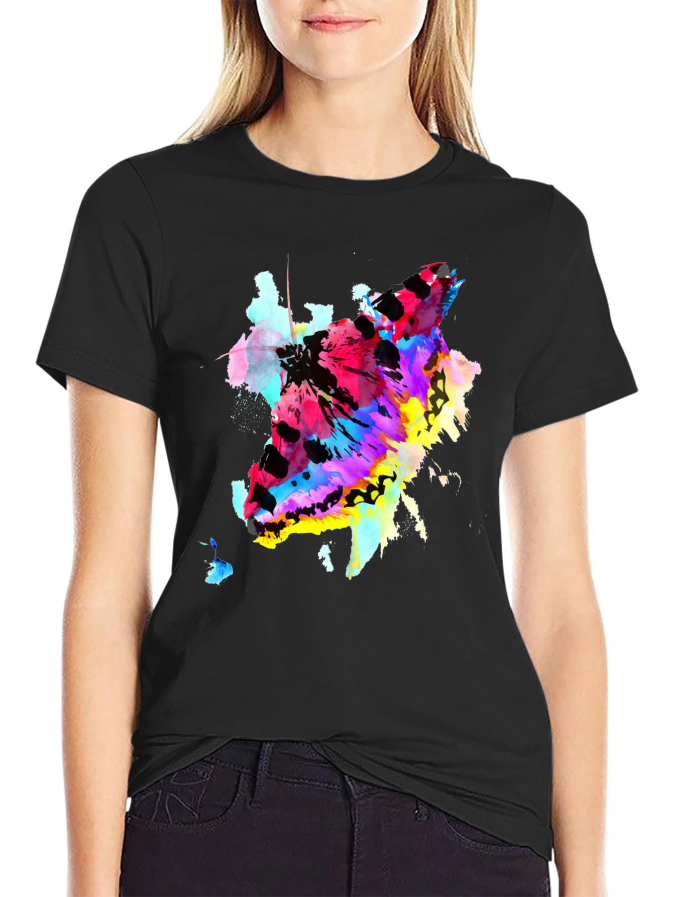Black Abstract Butterfly Graphic Print Crew Neck T-Shirt view 2