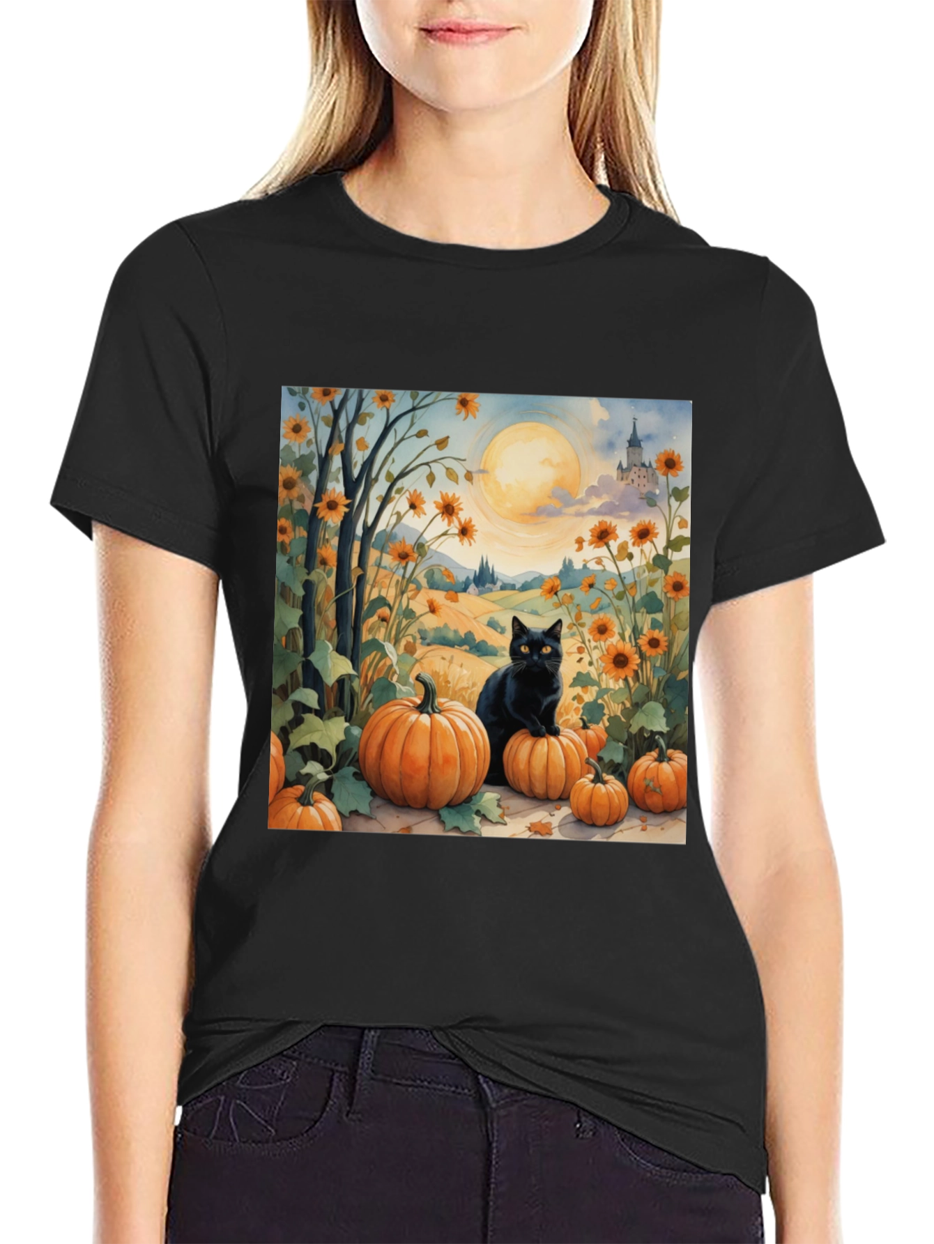 Black Halloween Black Cat Pumpkin Patch T-Shirt view 2