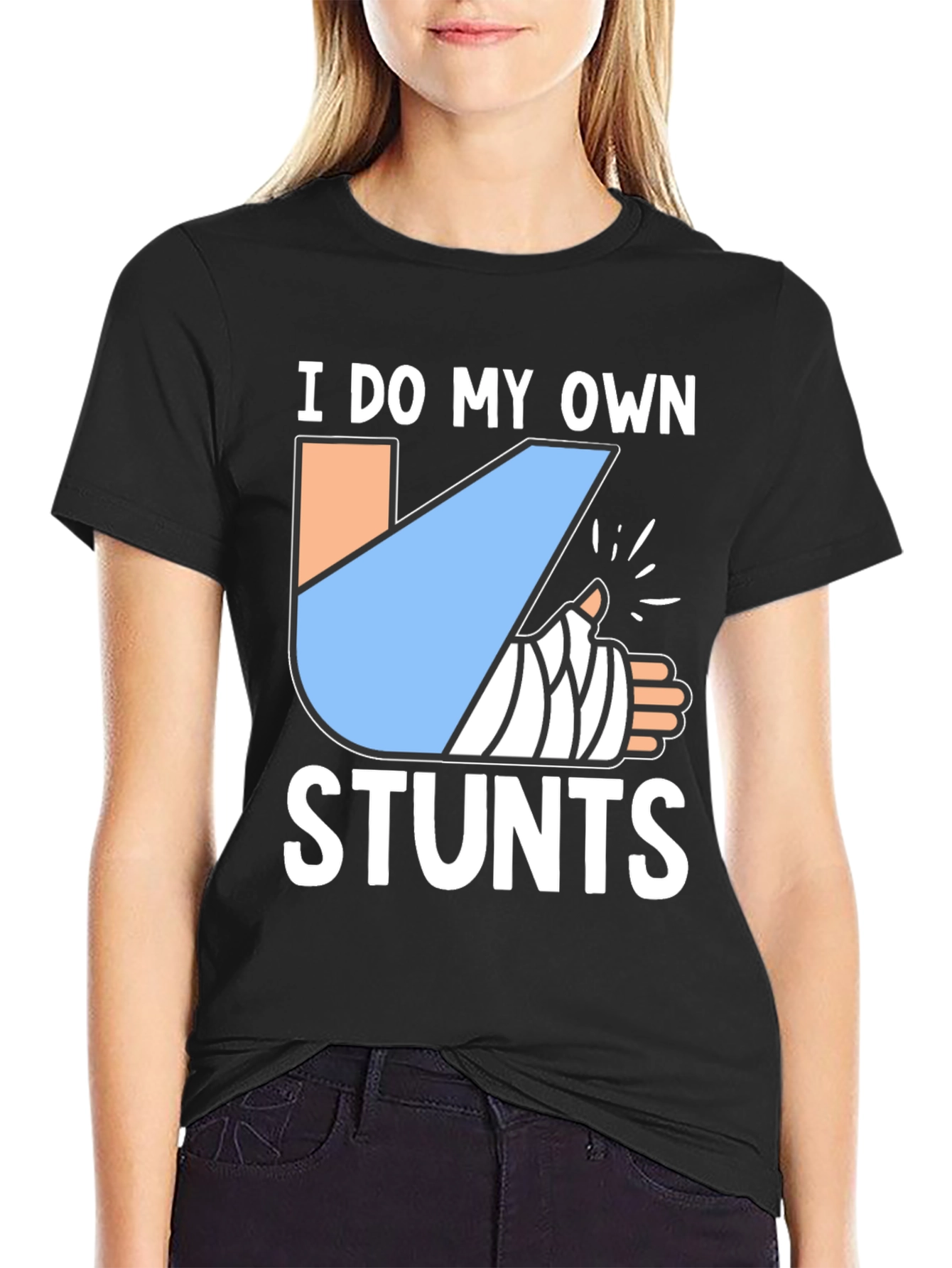 Black I Do My Own Stunts Funny Broken Arm T-Shirt view 2