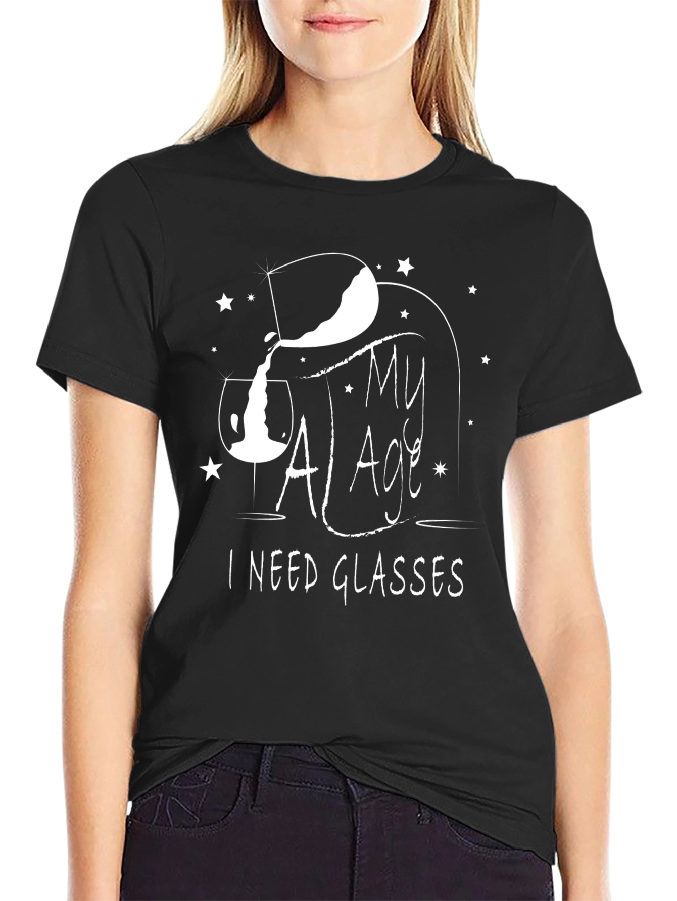 Black Funny My Age I Need Glasses Wine Lover T-Shirt view 2
