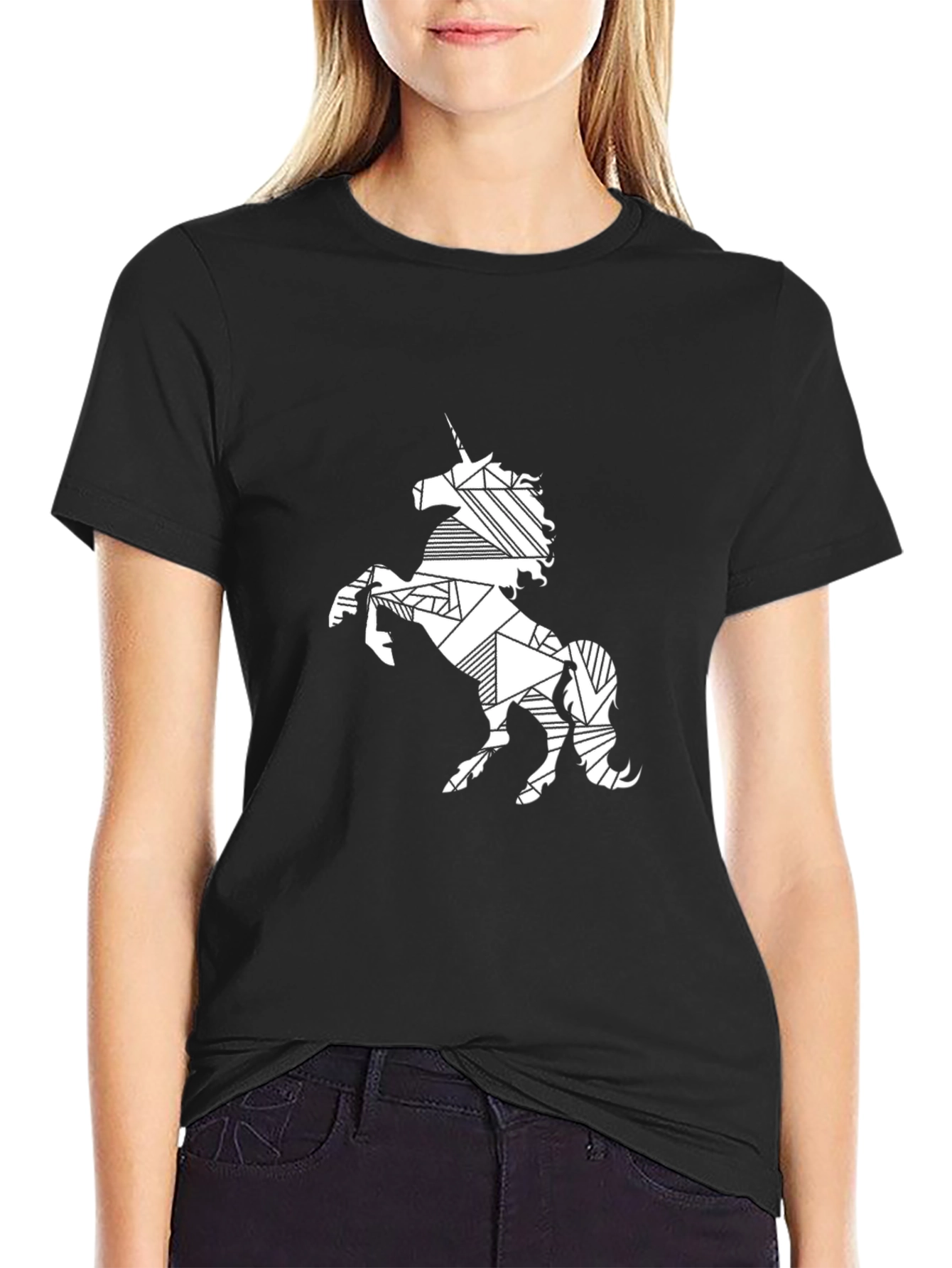 Black Geometric Unicorn Print Black T-Shirt view 2