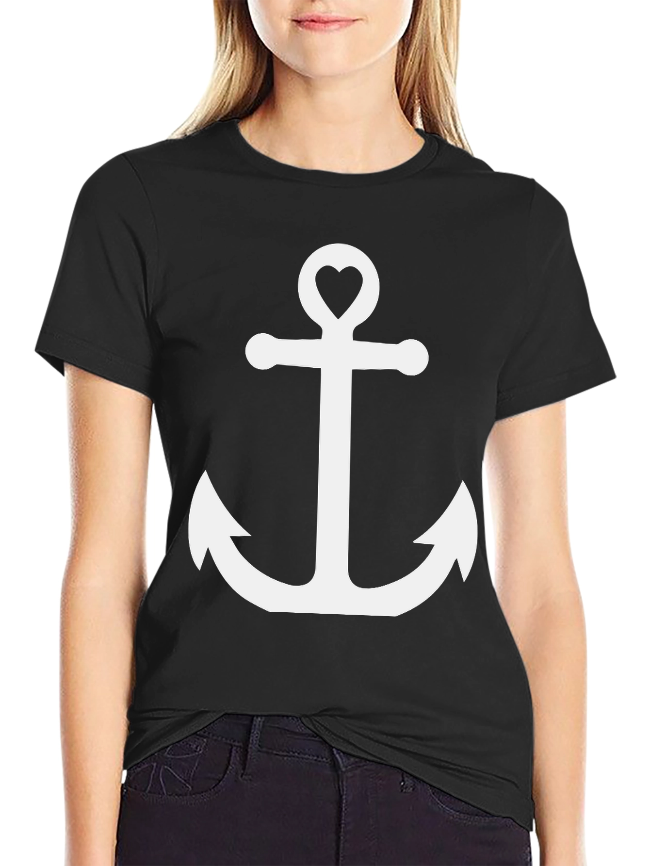 Black Anchor Heart Graphic Tee - Black Cotton T-Shirt view 2