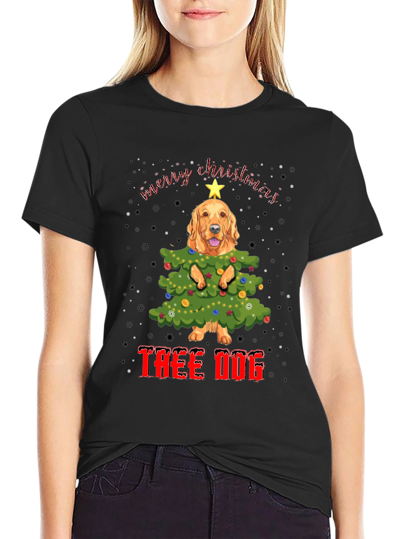 Black Funny Dog Christmas Tree T-Shirt view 2