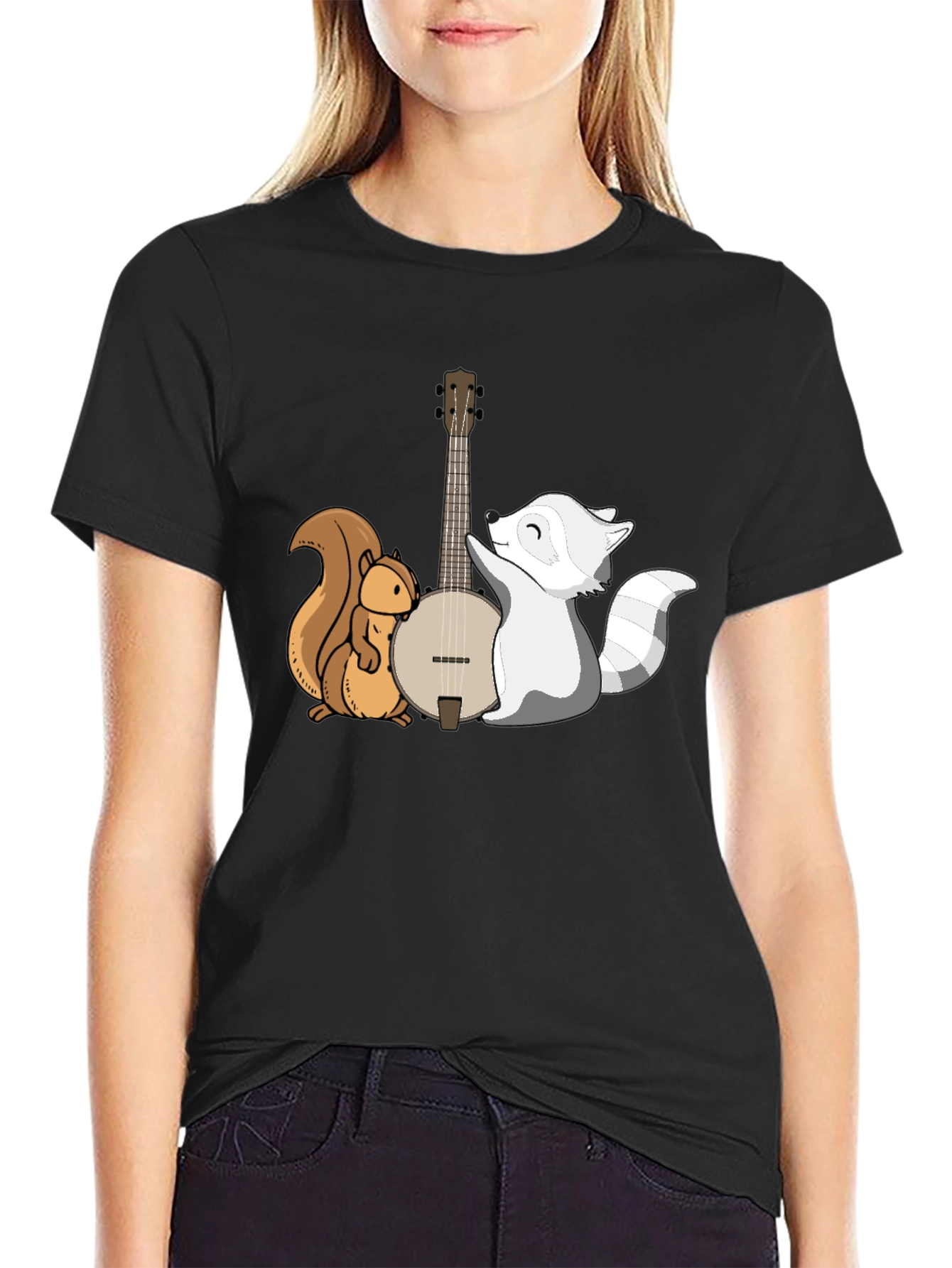 Black Squirrel & Raccoon Banjo T-Shirt view 2