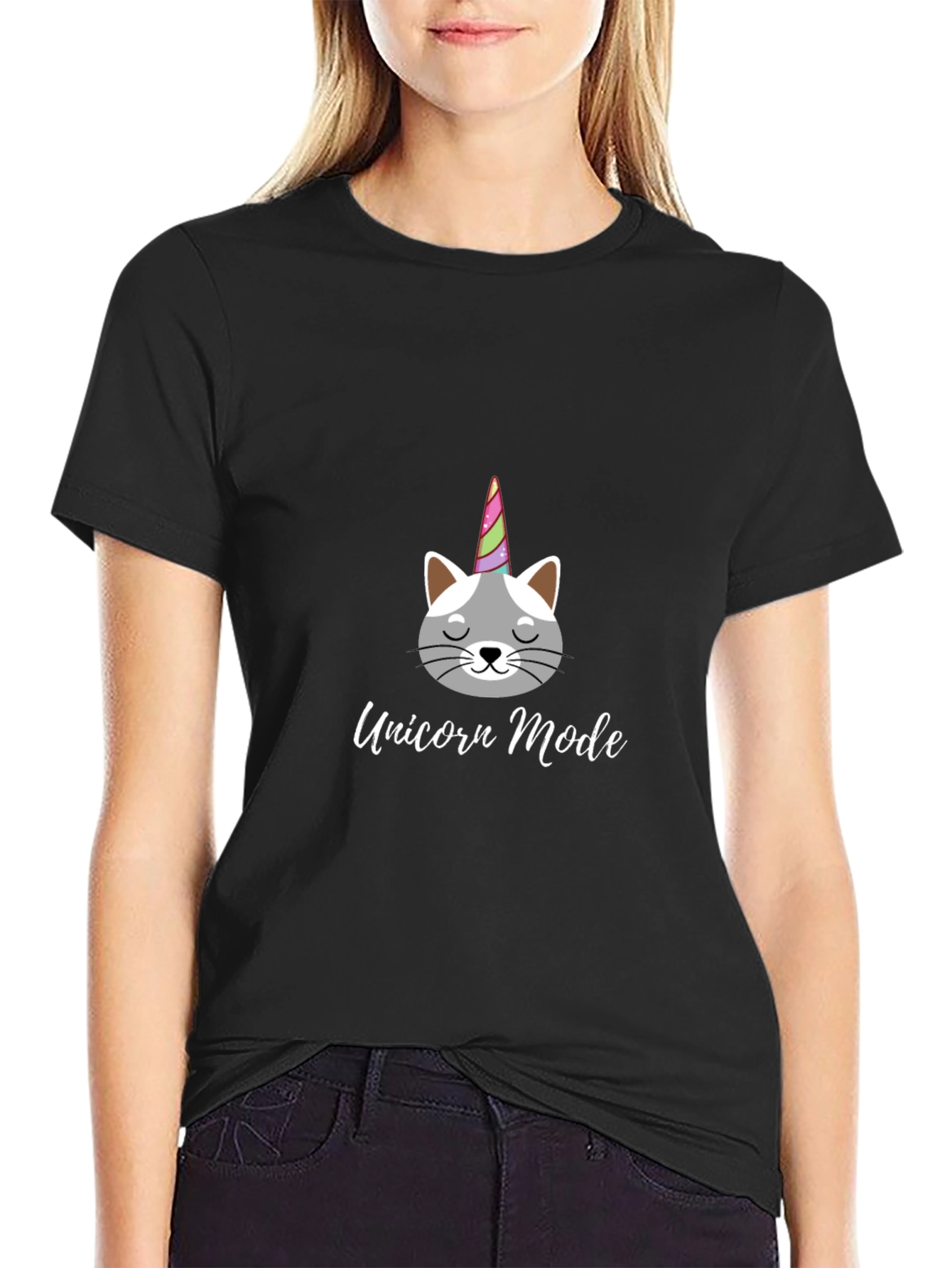 Black Unicorn Mode Cat T-Shirt Funny Novelty Tee view 2