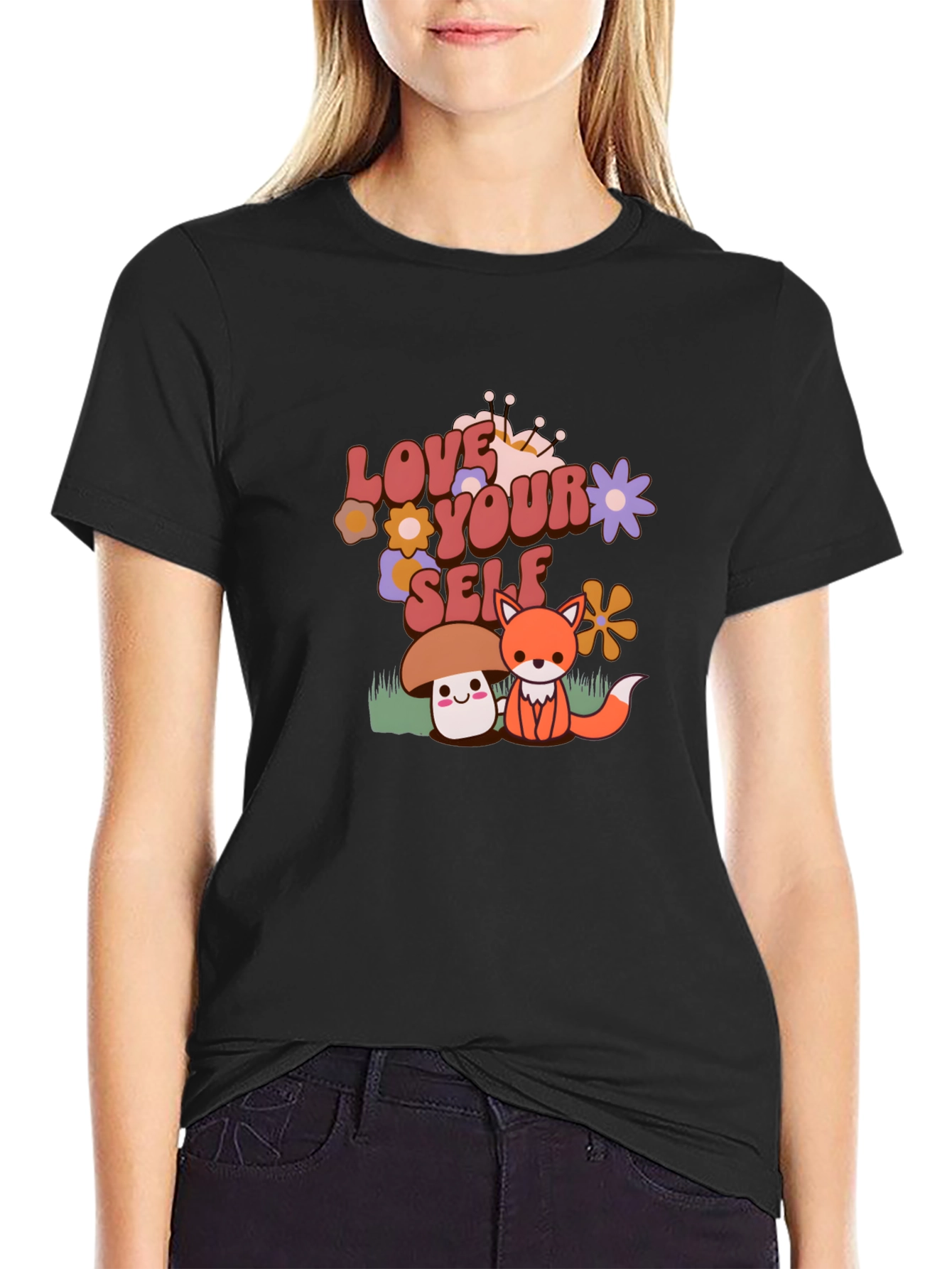 Black Love Yourself T-Shirt with Cute Mushroom and Fox Design view 2