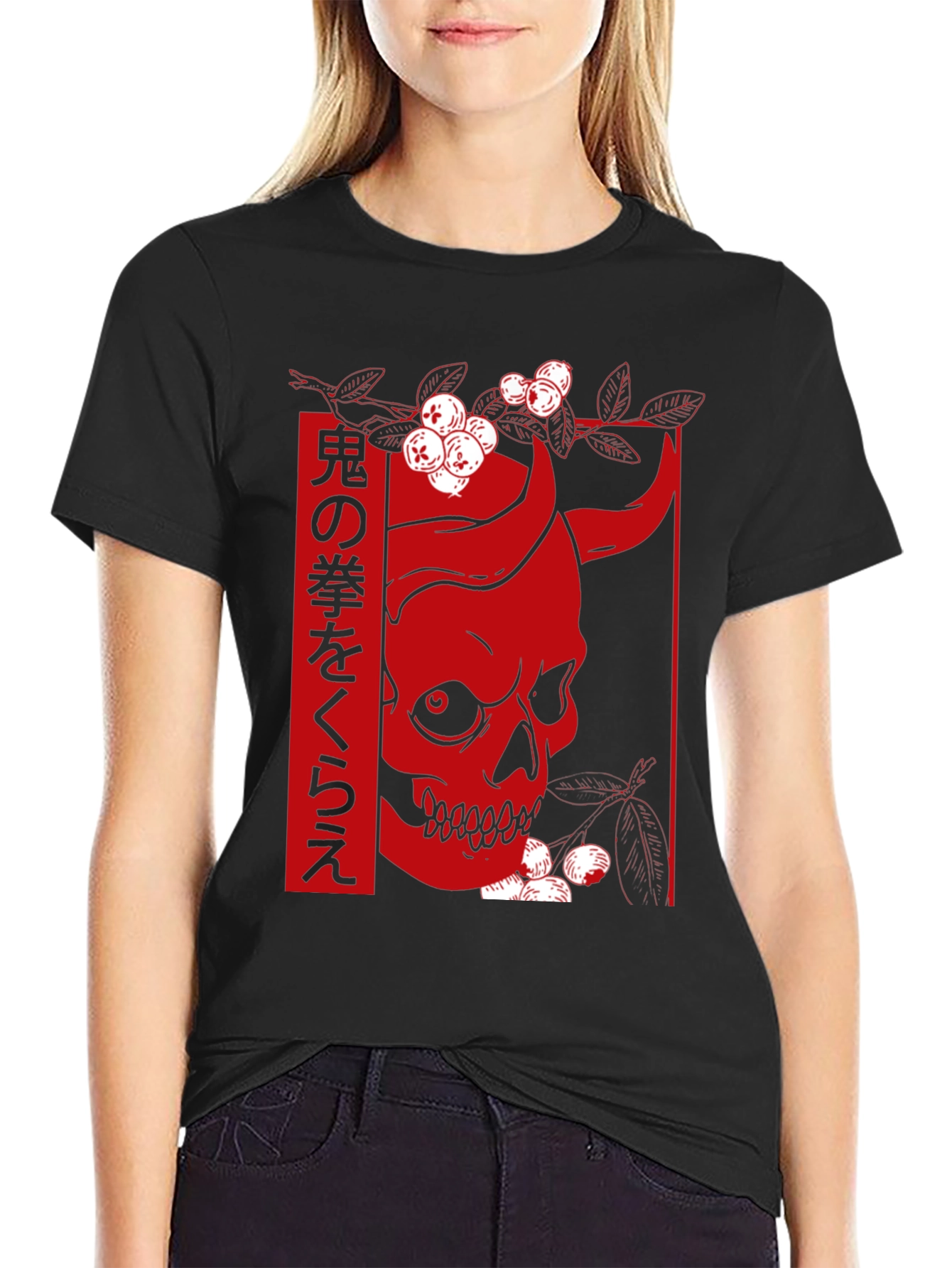 Black Japanese Skull T-Shirt - Oni Demon Design view 2