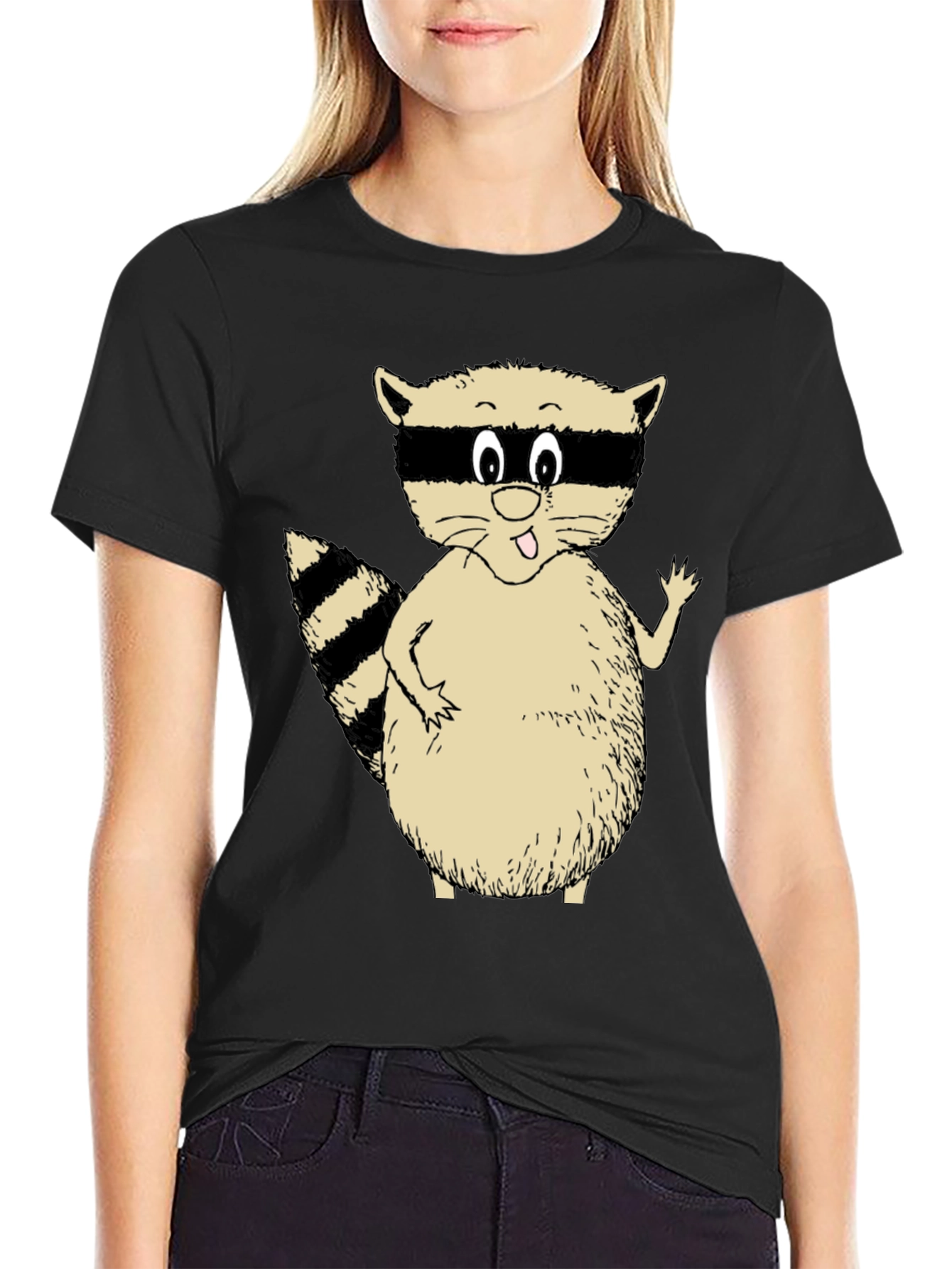 Black Cute Raccoon Graphic T-Shirt - Black Casual Tee view 2