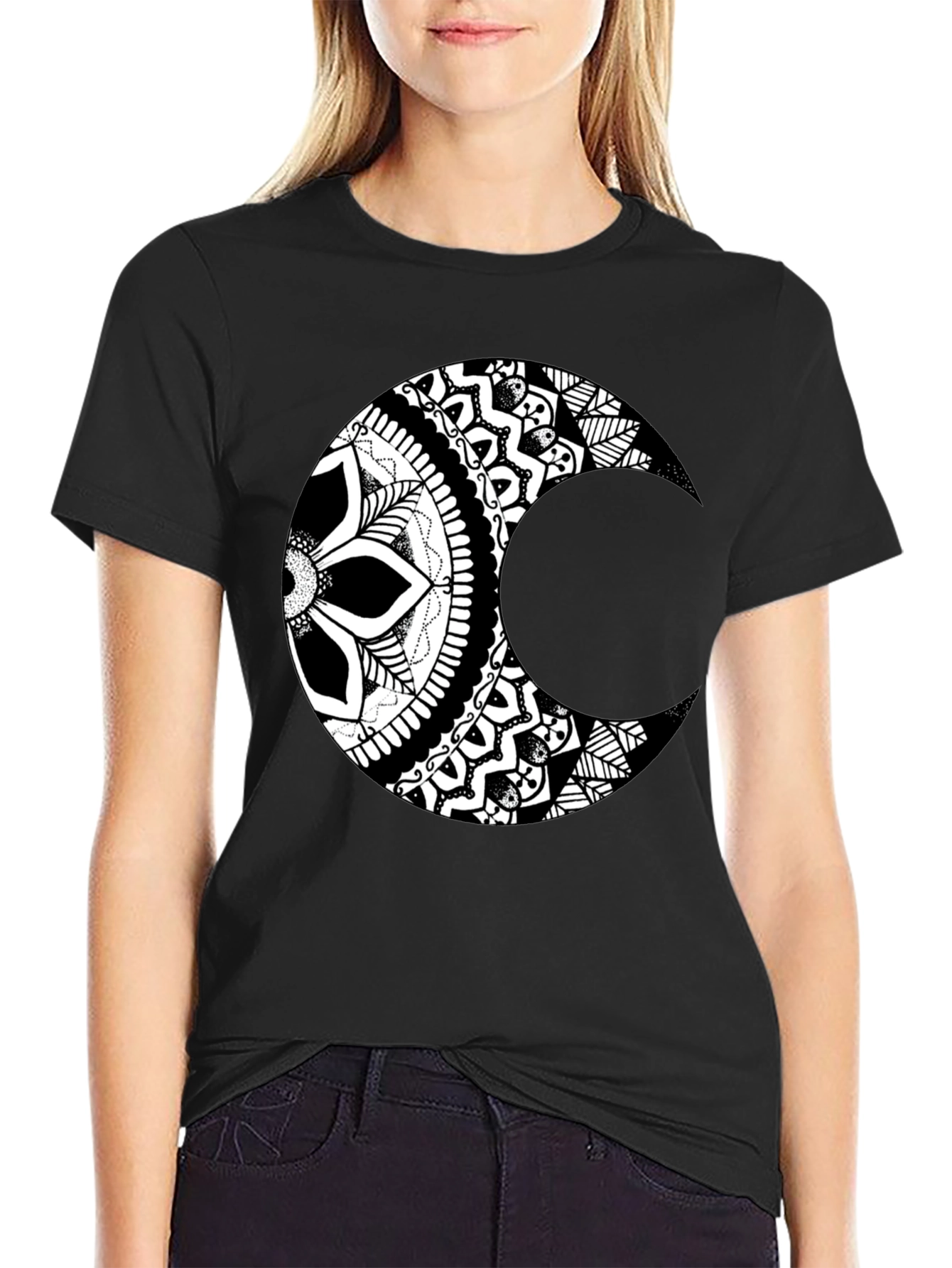Black Moon Mandala Graphic Tee - Stylish Black T-Shirt view 2