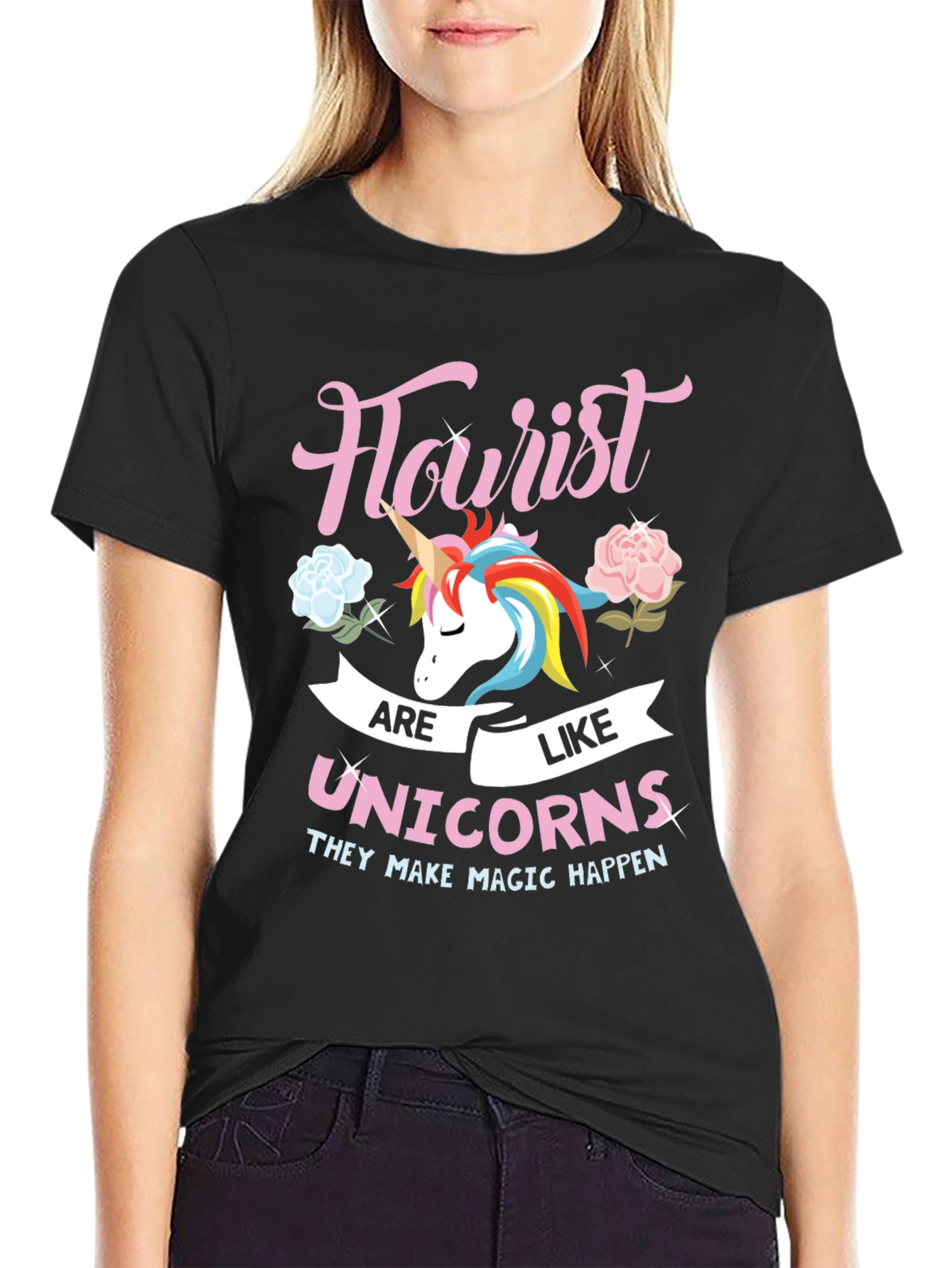 Black Florist Unicorn Graphic T-Shirt - Magical Flower Design view 2