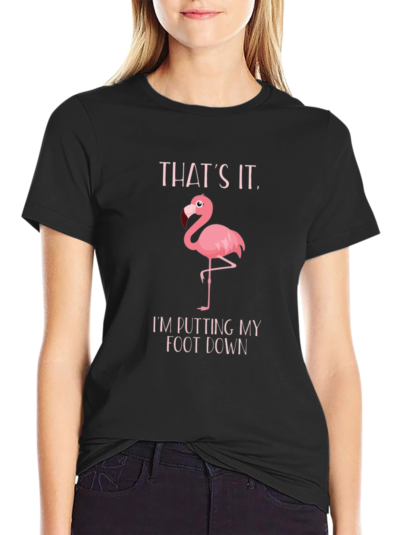 Black Funny Flamingo T-Shirt: "Putting My Foot Down" view 2