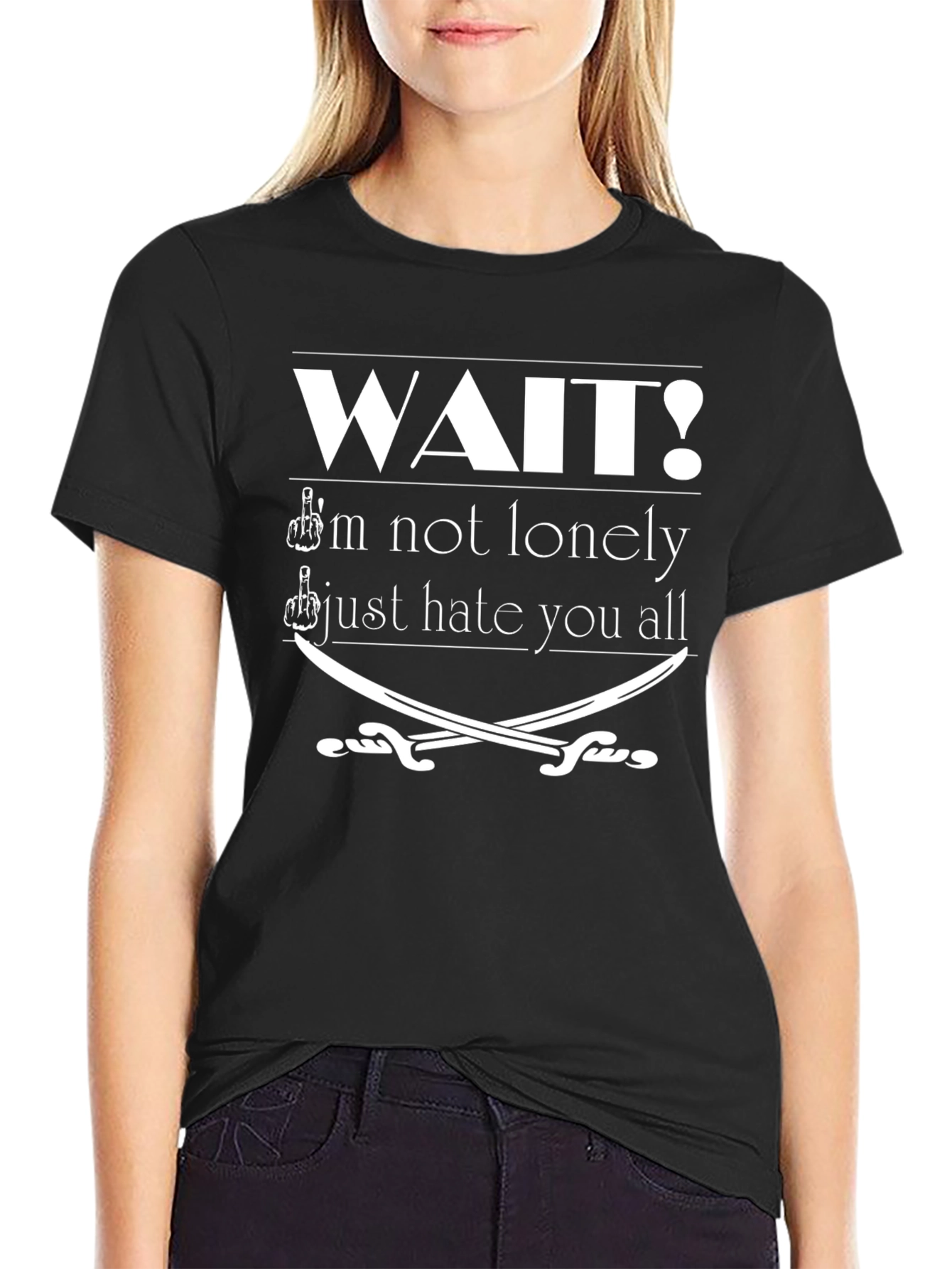 Black Wait I'm Not Lonely Black T-Shirt Funny Graphic Tee view 2