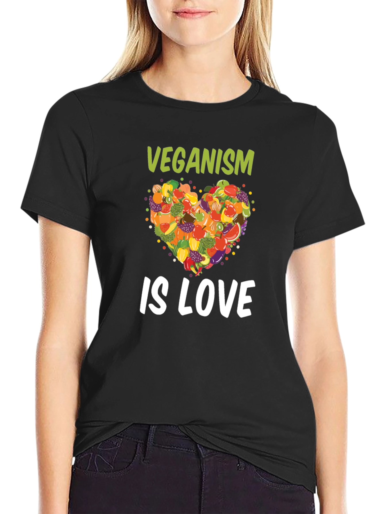Black Veganism Is Love T-Shirt Fruit Heart Tee view 2