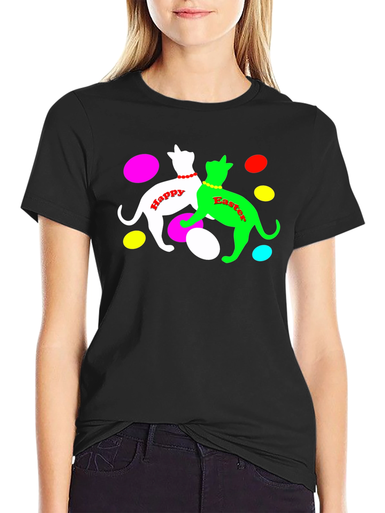 Camiseta Negra Gatos Pascua Feliz