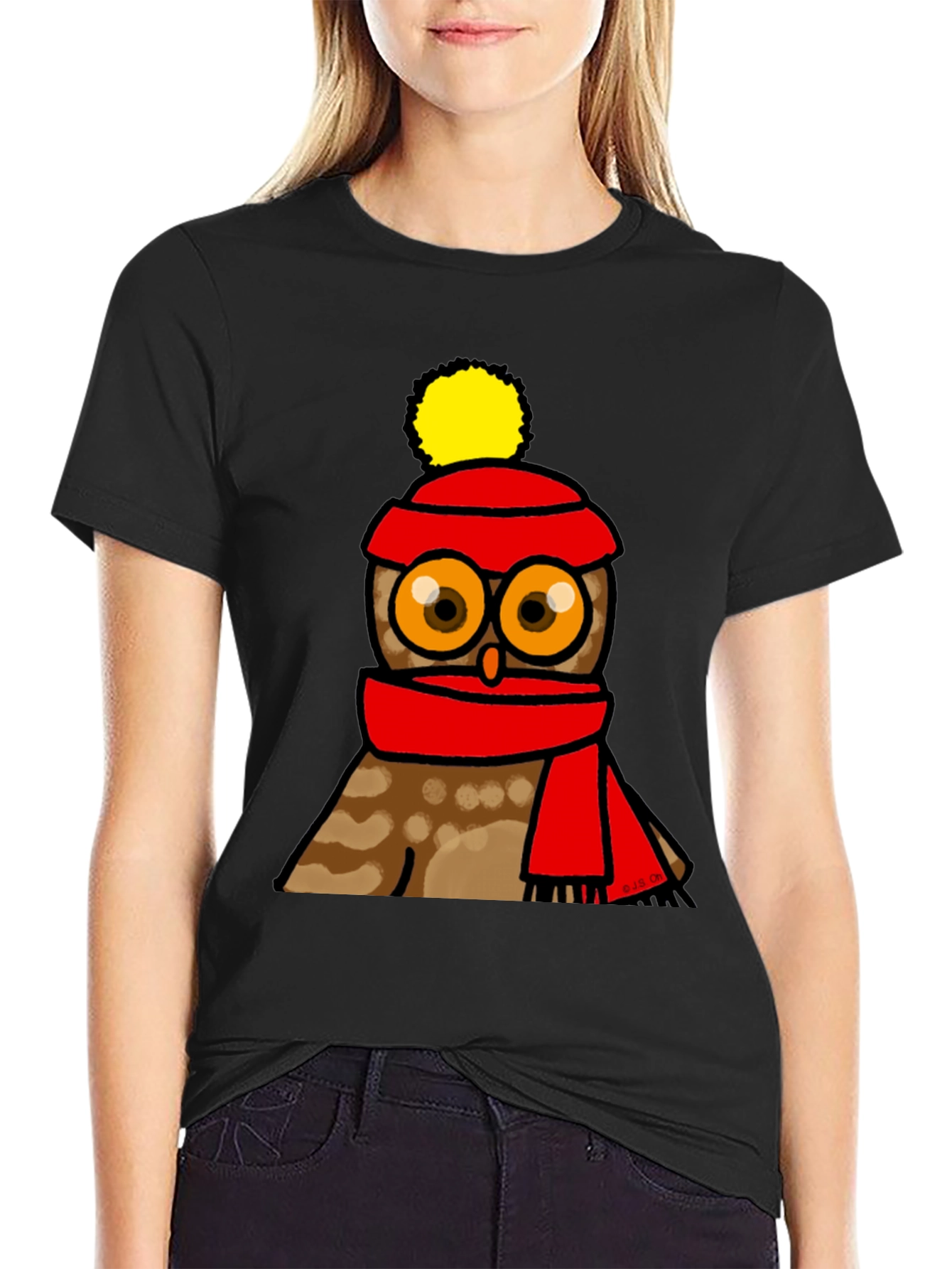 Black Cute Owl in Hat & Scarf Graphic T-Shirt view 2