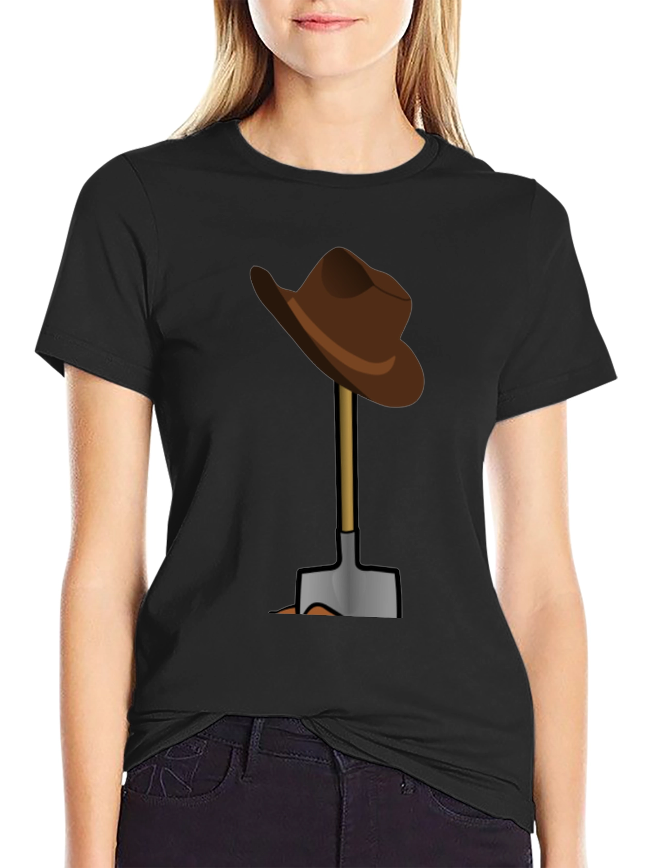 Black Funny T-Shirt: Hat on Shovel Graphic Tee view 2