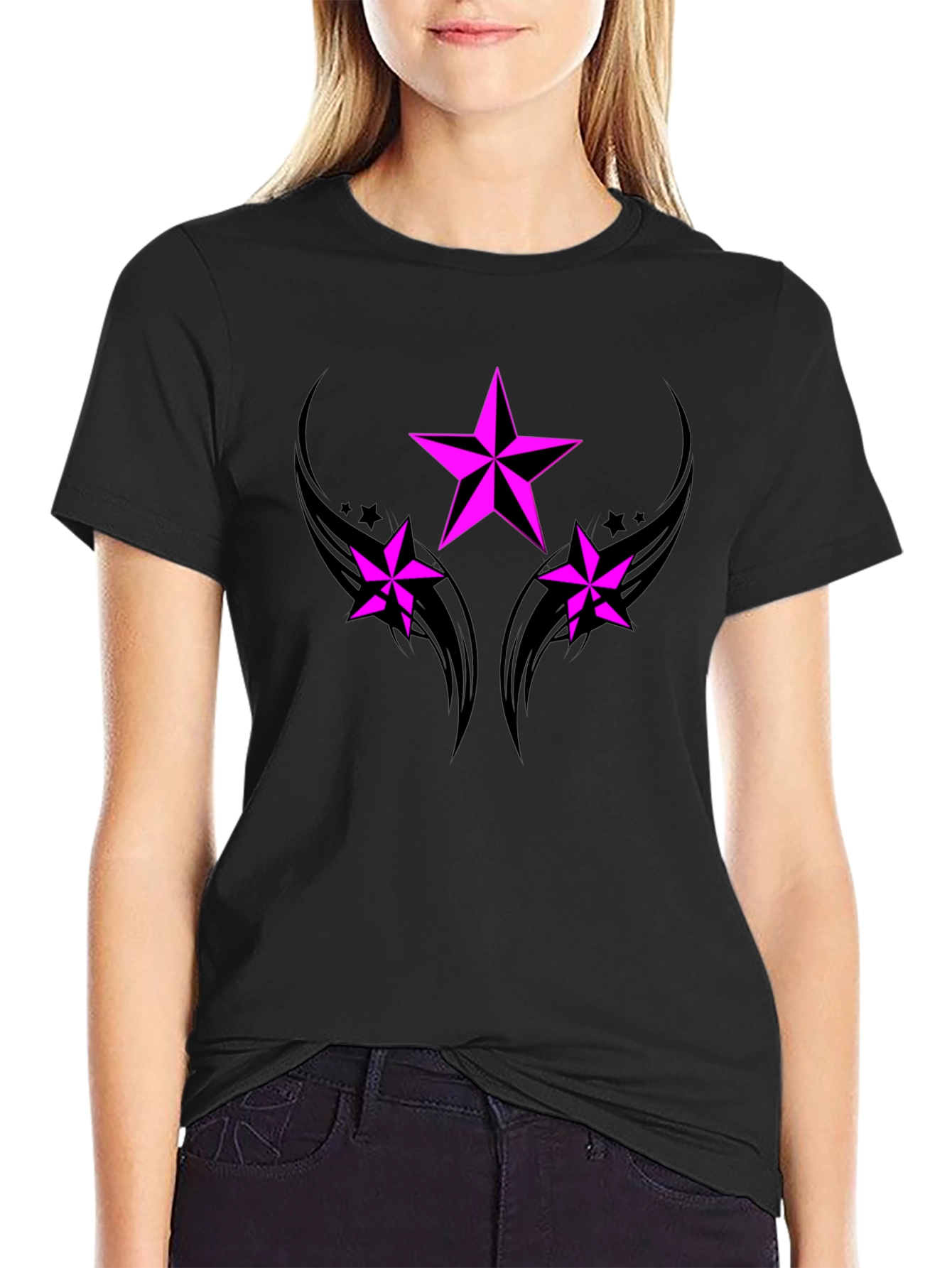 Black Black T-Shirt with Pink Star Graphic view 2