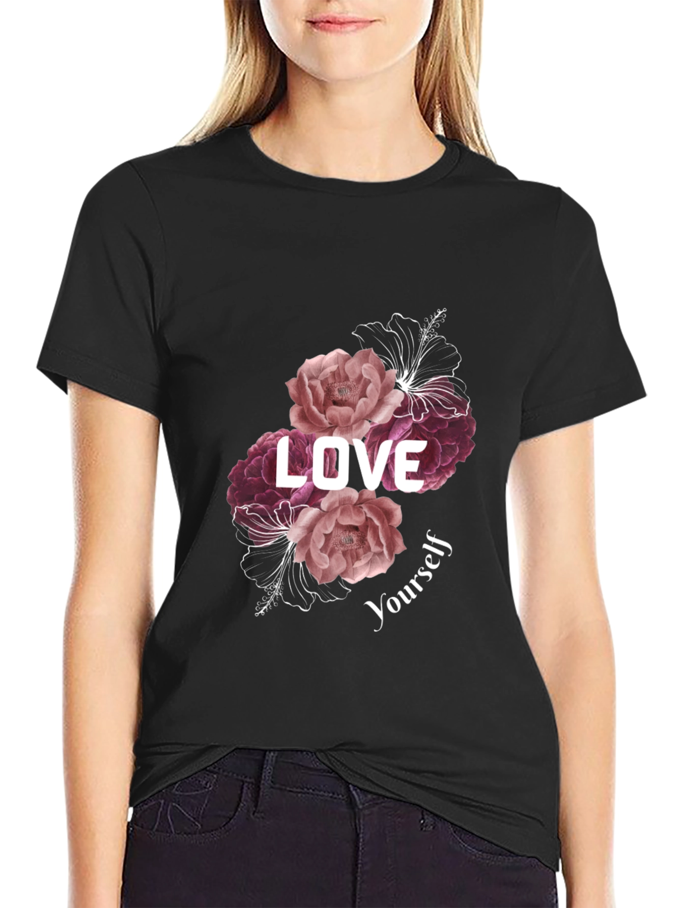 Black Love Yourself Floral Graphic Tee - Black view 2