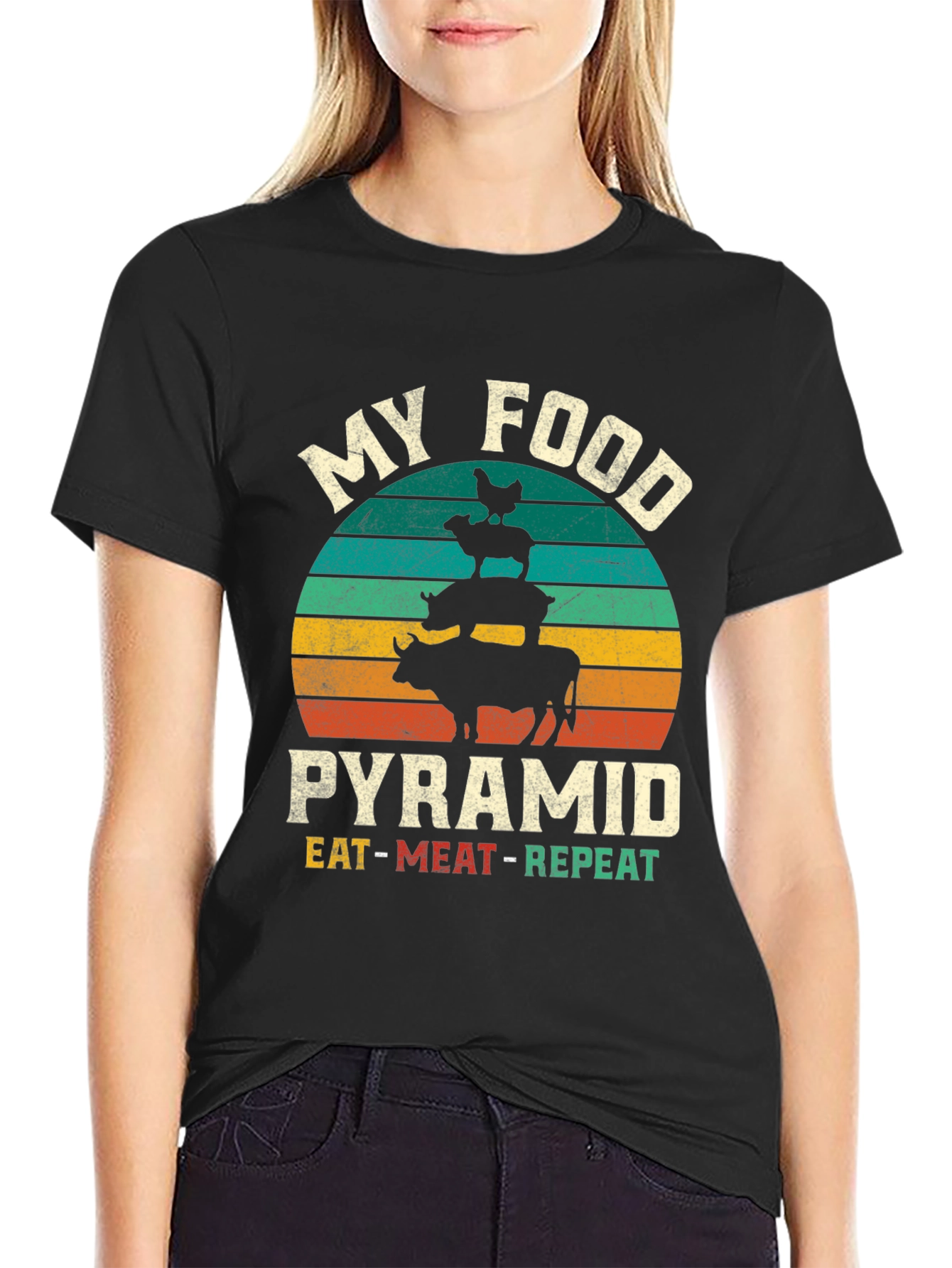 Black My Food Pyramid T-Shirt - Eat Meat Repeat view 2