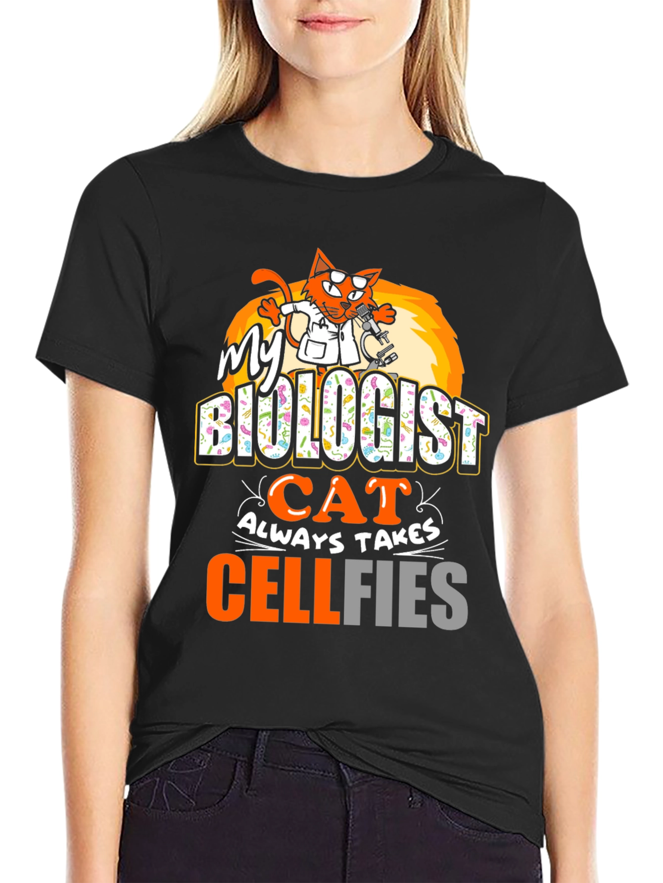 Black Biologist Cat Cellfies Graphic Tee view 2