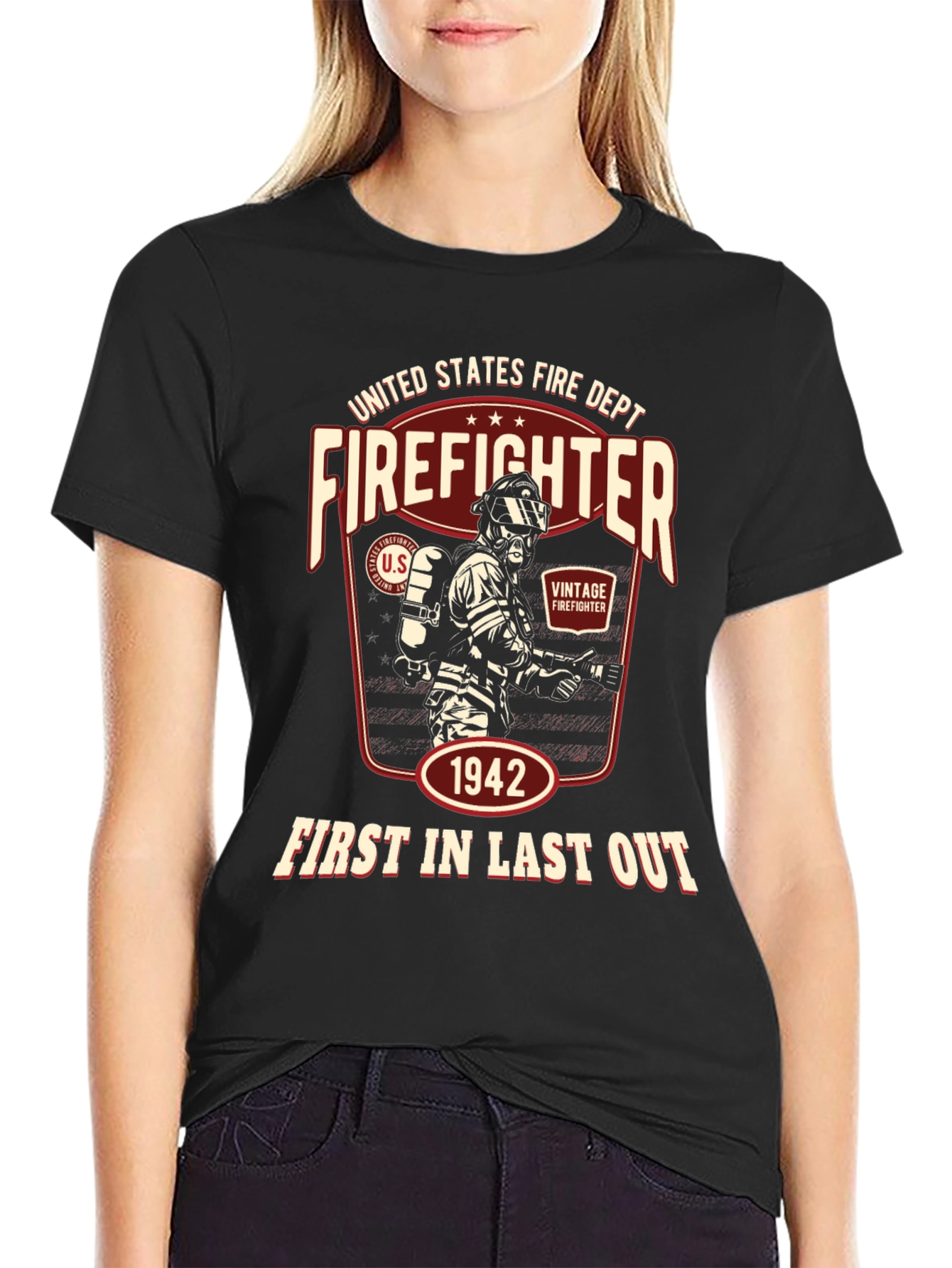 Black Vintage Firefighter T-Shirt - United States Fire Dept. 1942 view 2
