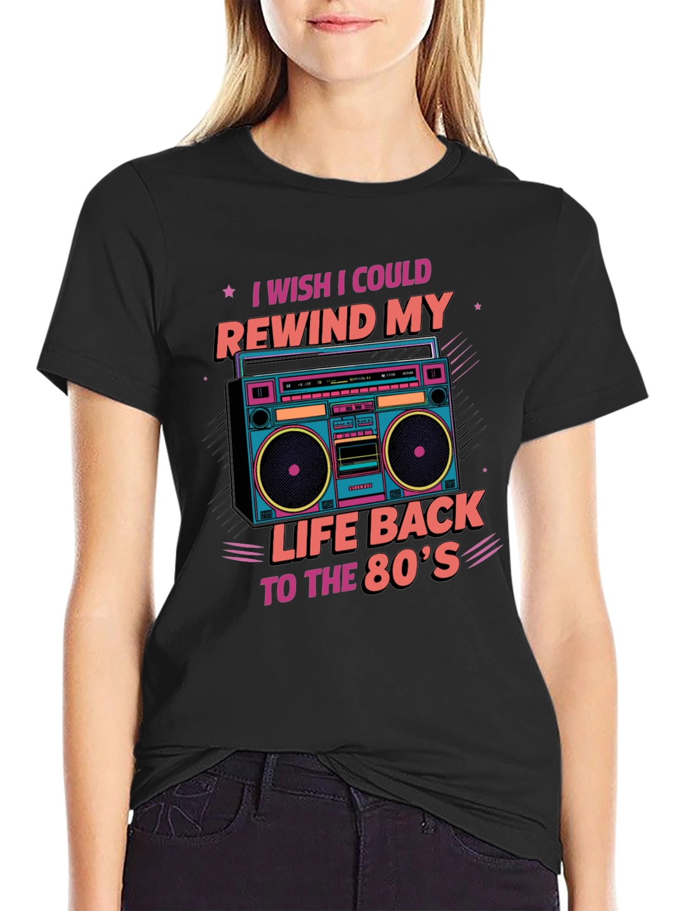 Black Rewind to the 80's Retro Boombox T-Shirt view 2