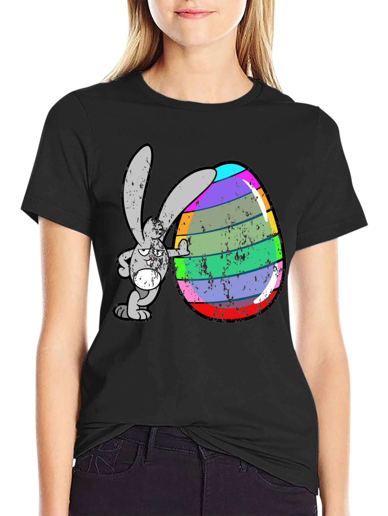 Black Easter Bunny Egg Graphic Tee - Funny Cartoon Rabbit Shirt view 2