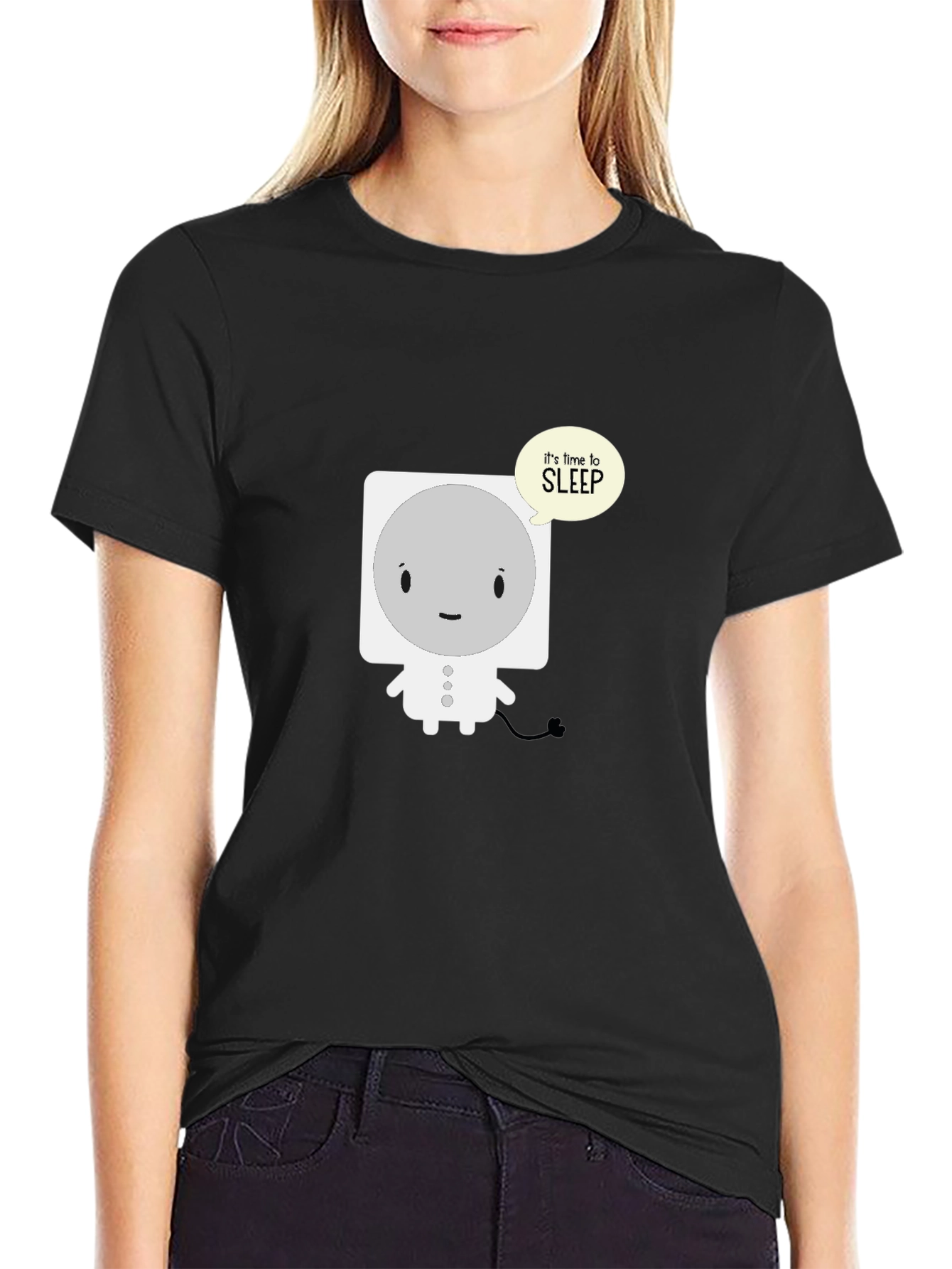 Black Cute Sleepy Robot Black T-Shirt view 2