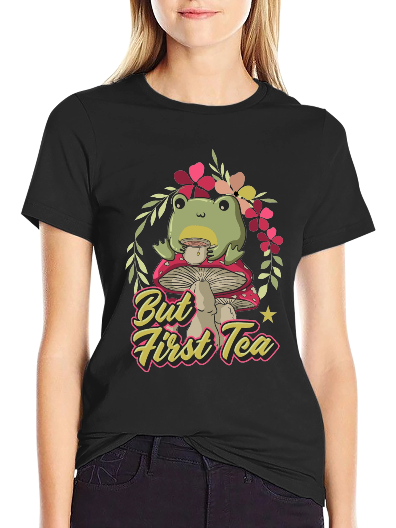 Black Frog Sipping Tea on Mushroom T-Shirt view 2