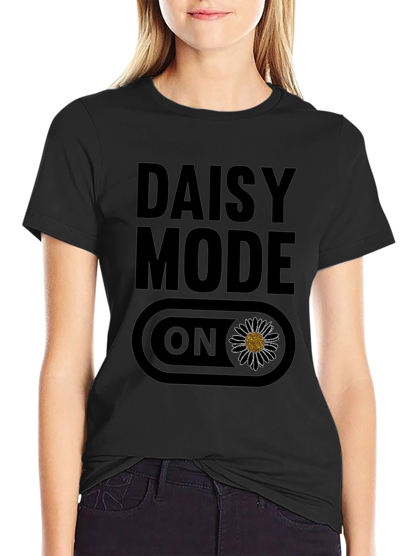 Black Daisy Mode ON Graphic T-Shirt - Black Casual Tee view 2