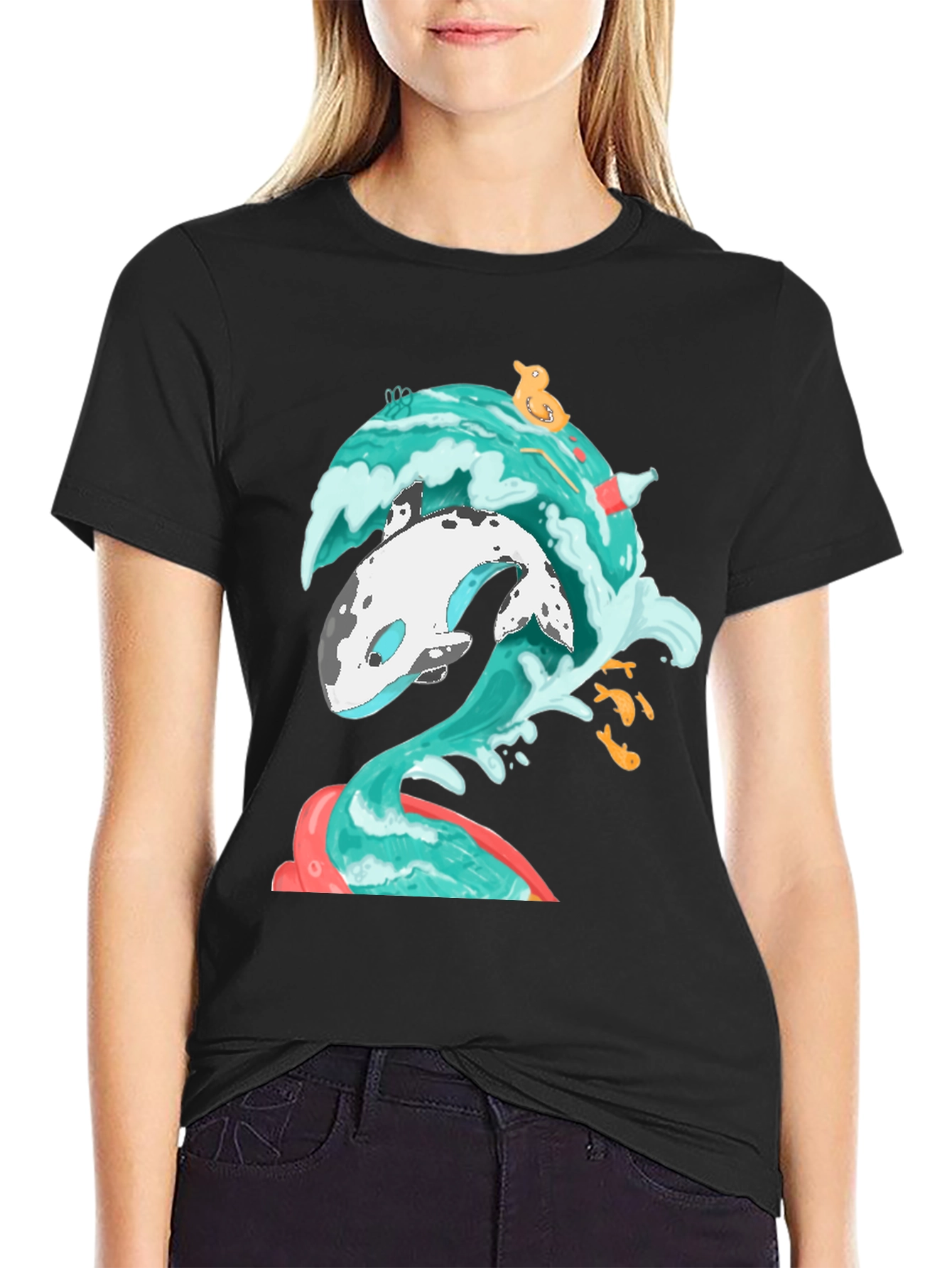 Black Whale Wave Graphic Tee - Unique Ocean Art T-Shirt view 2