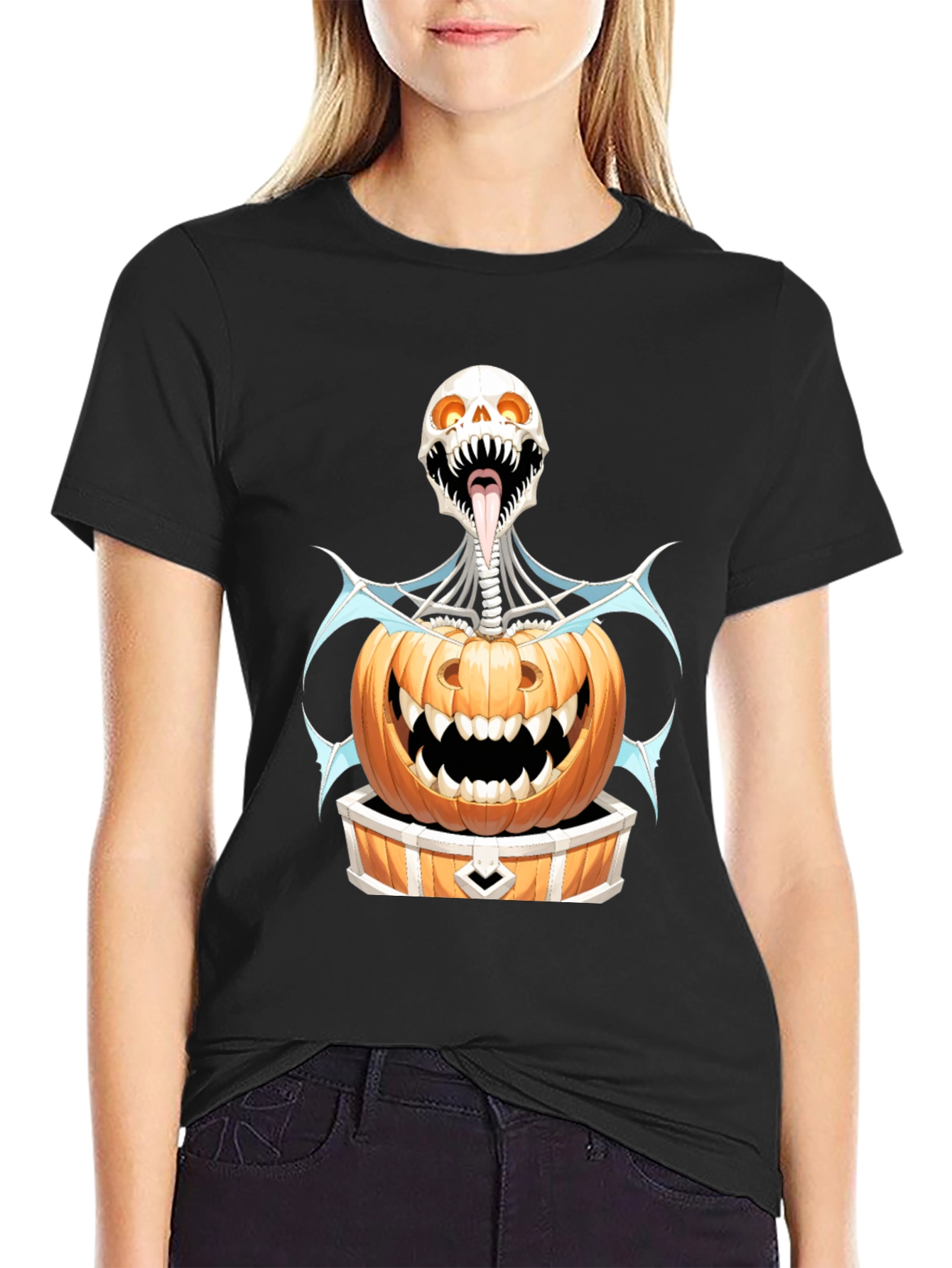 Black Halloween Skeleton Pumpkin Graphic Tee view 2
