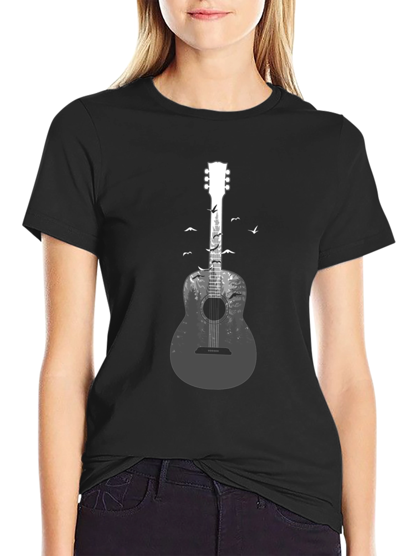 Black Acoustic Guitar Forest Graphic Tee - Nature Music Lover T-Shirt view 2