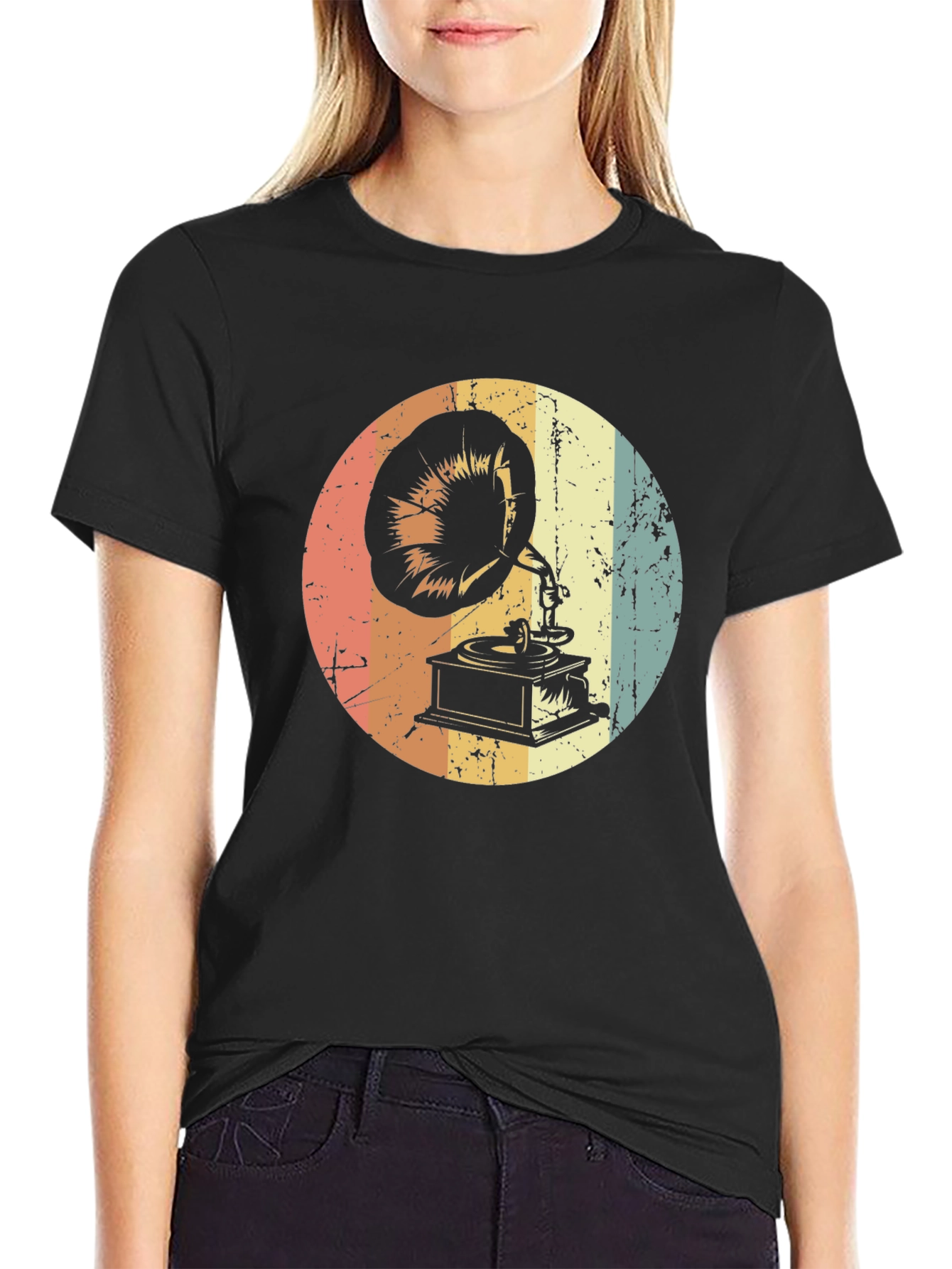 Black Vintage Phonograph Graphic Tee - Retro Music Lover Shirt view 2