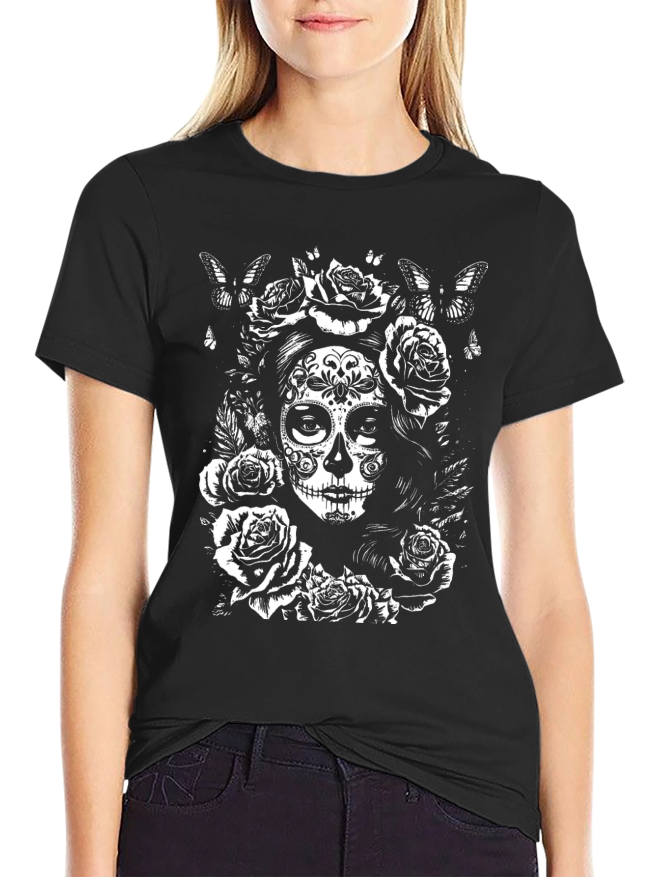 Black Sugar Skull Rose Graphic T-Shirt - Black view 2