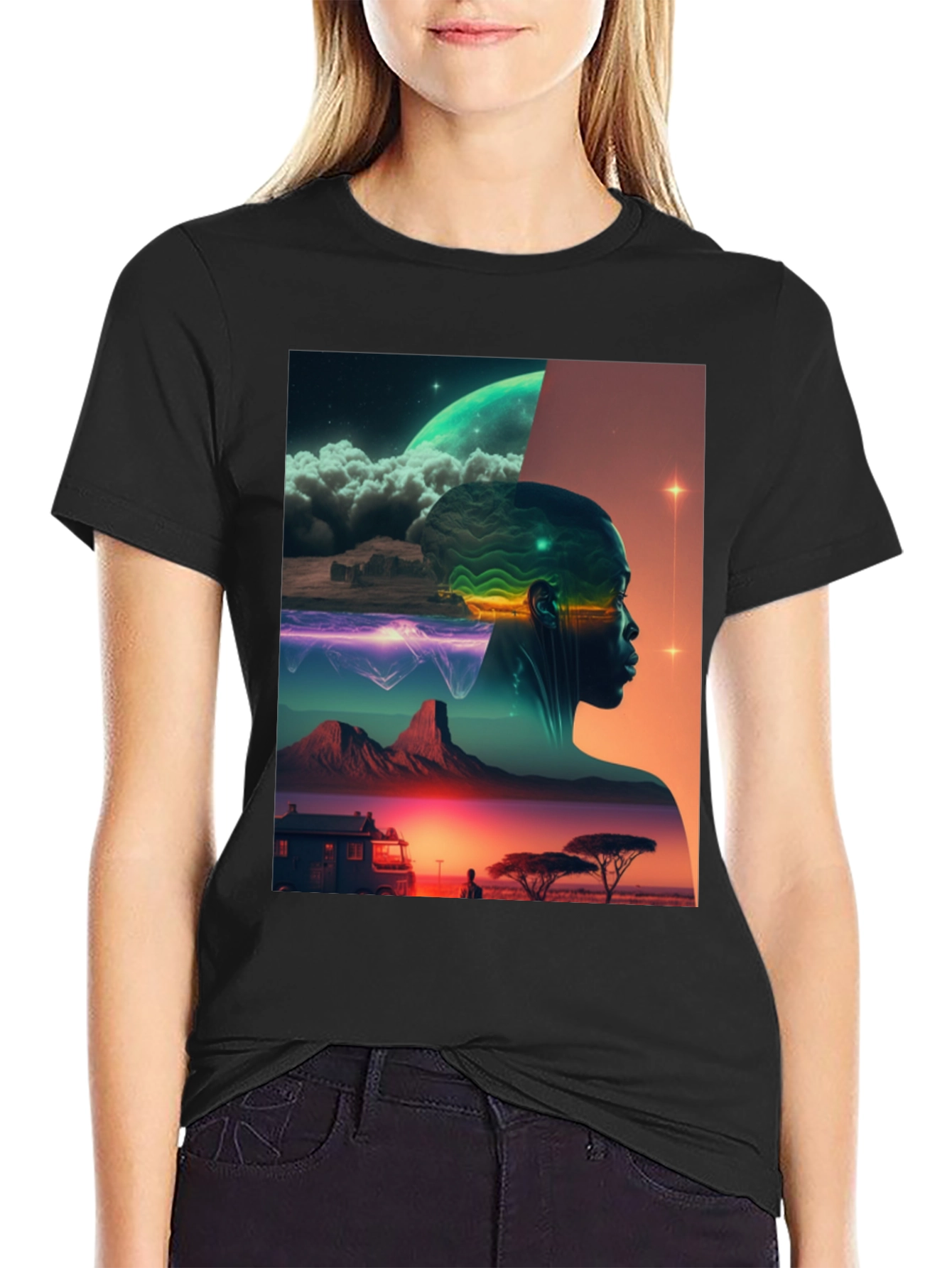 Black Afrofuturism Graphic Tee - Sci-Fi Landscape Black T-Shirt view 2