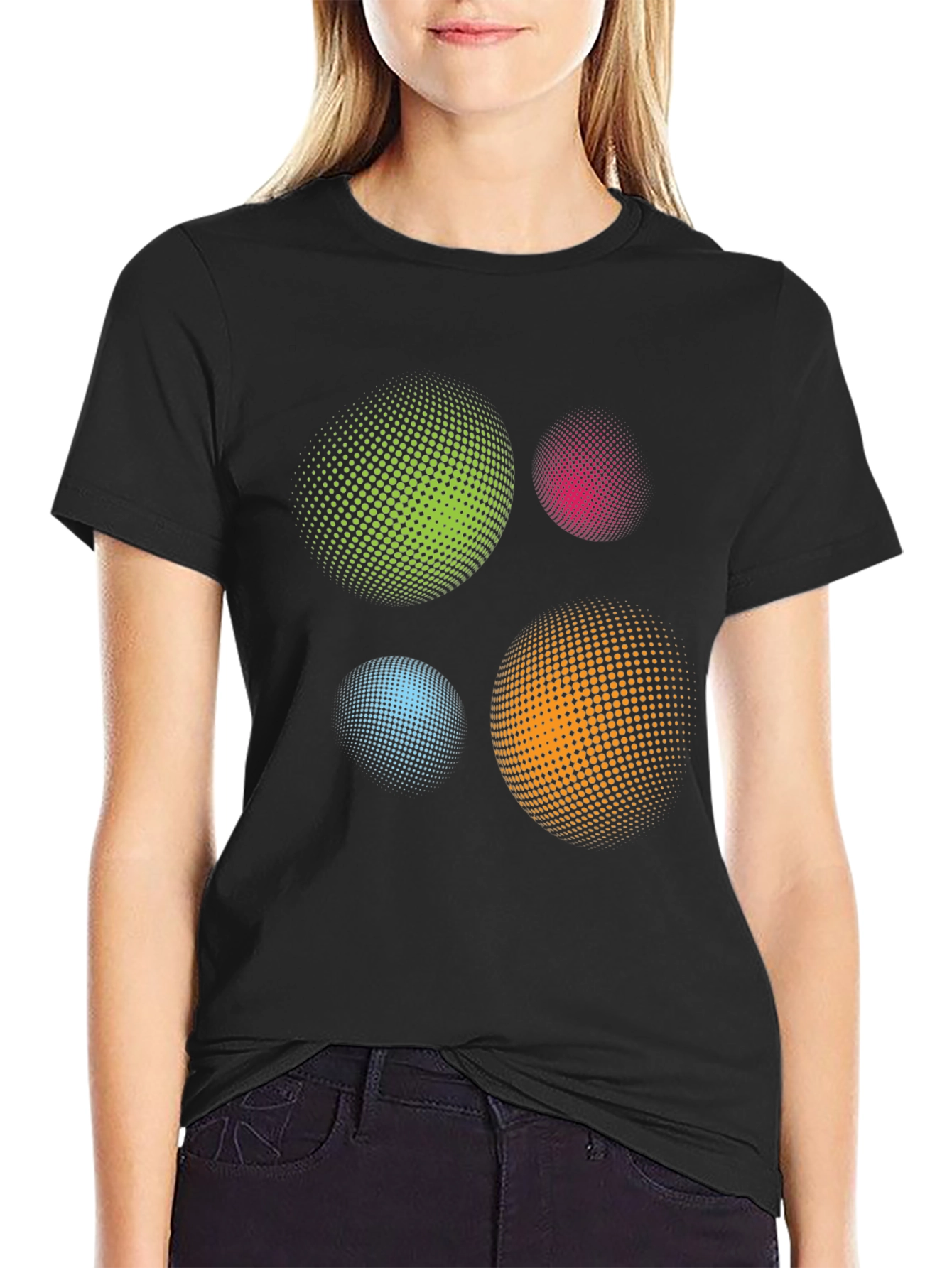 Black Abstract Spheres Graphic Print Black T-Shirt view 2