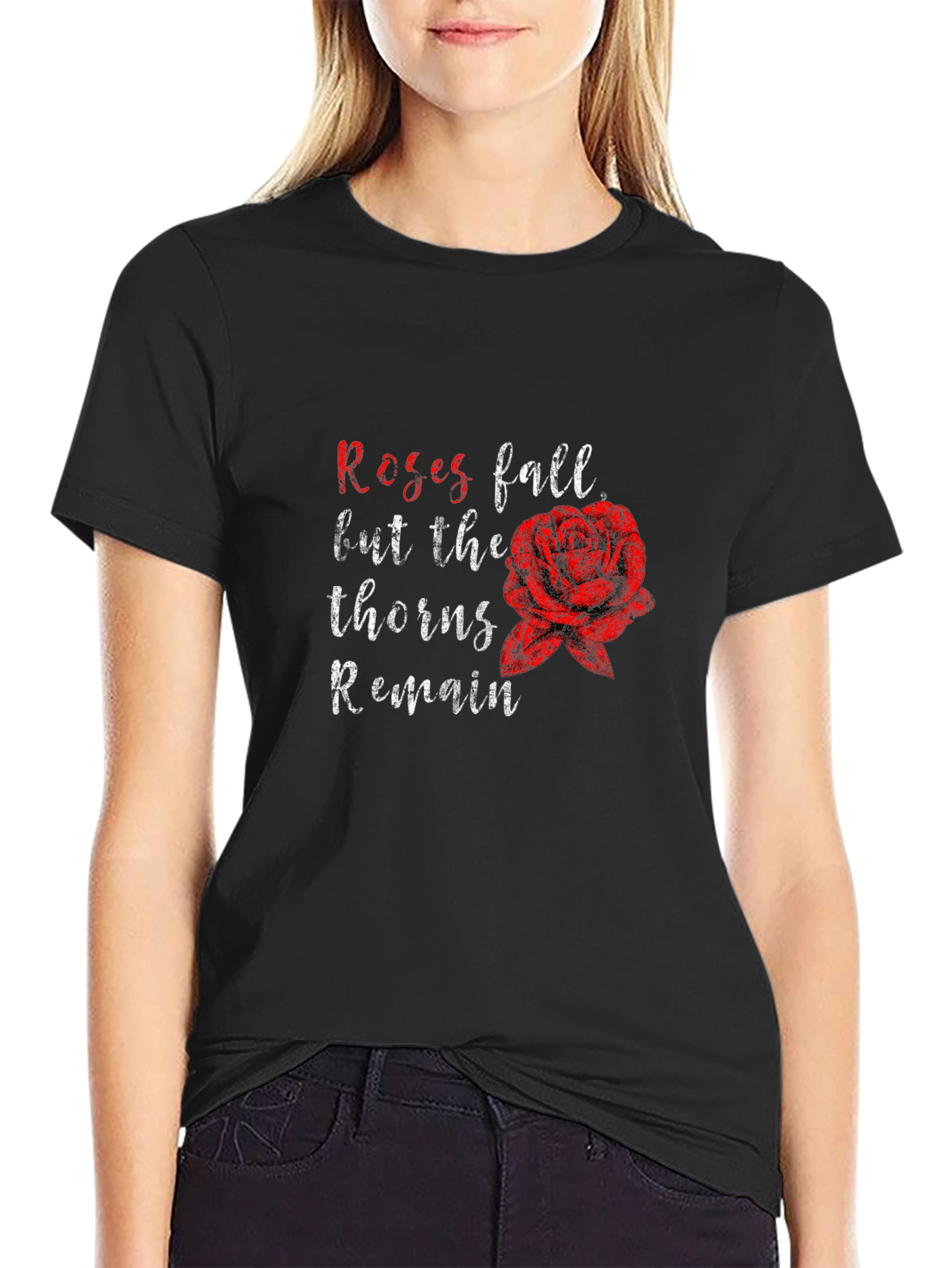 Black Roses Fall Thorns Remain Black Graphic Tee view 2