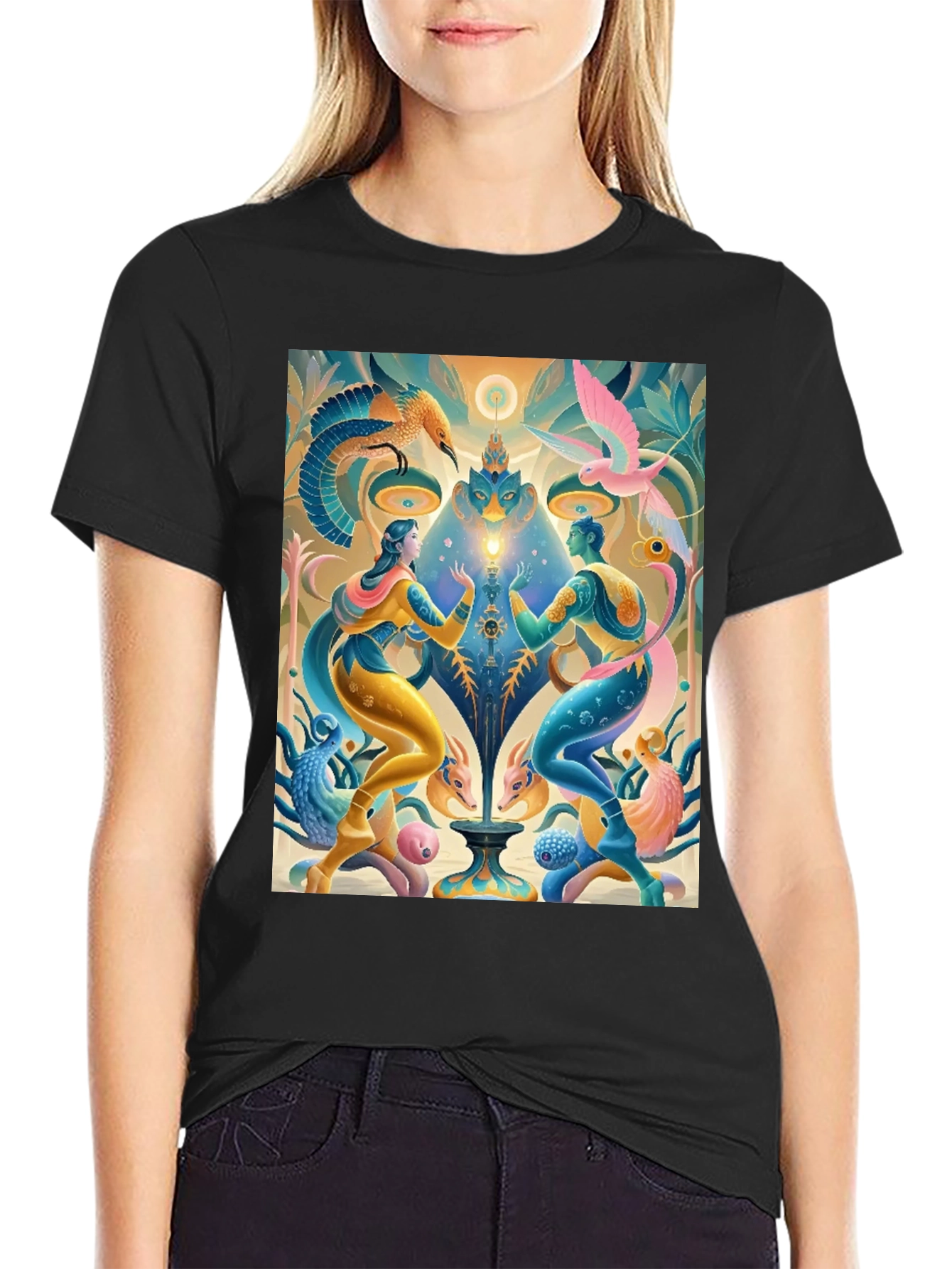 Black Artistic T-Shirt: Mystical Bird and Figure Design view 2