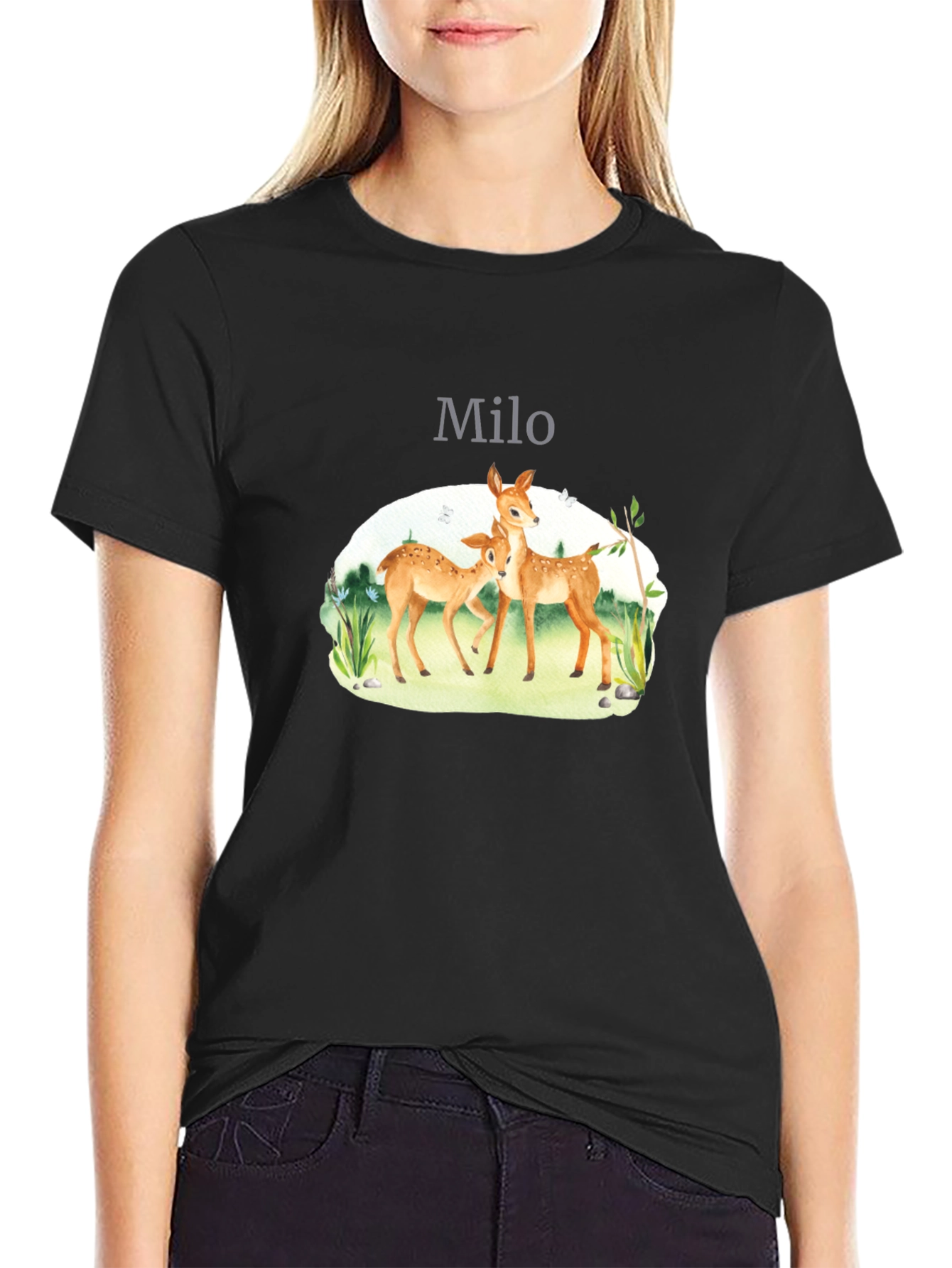 Black Deer Family Personalized Black T-Shirt view 2