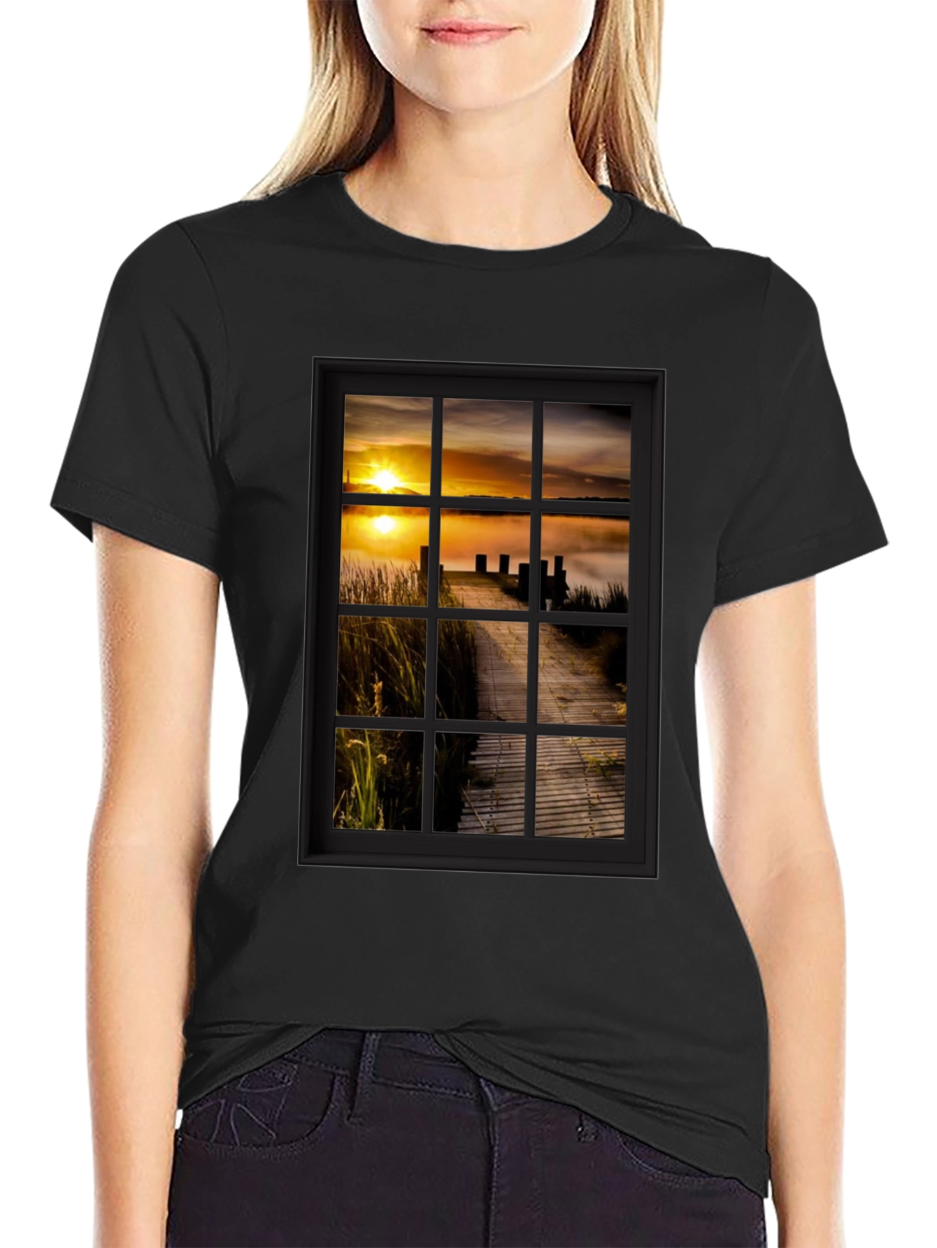 Black Sunrise Pier Window Graphic Tee - Unique Design! view 2