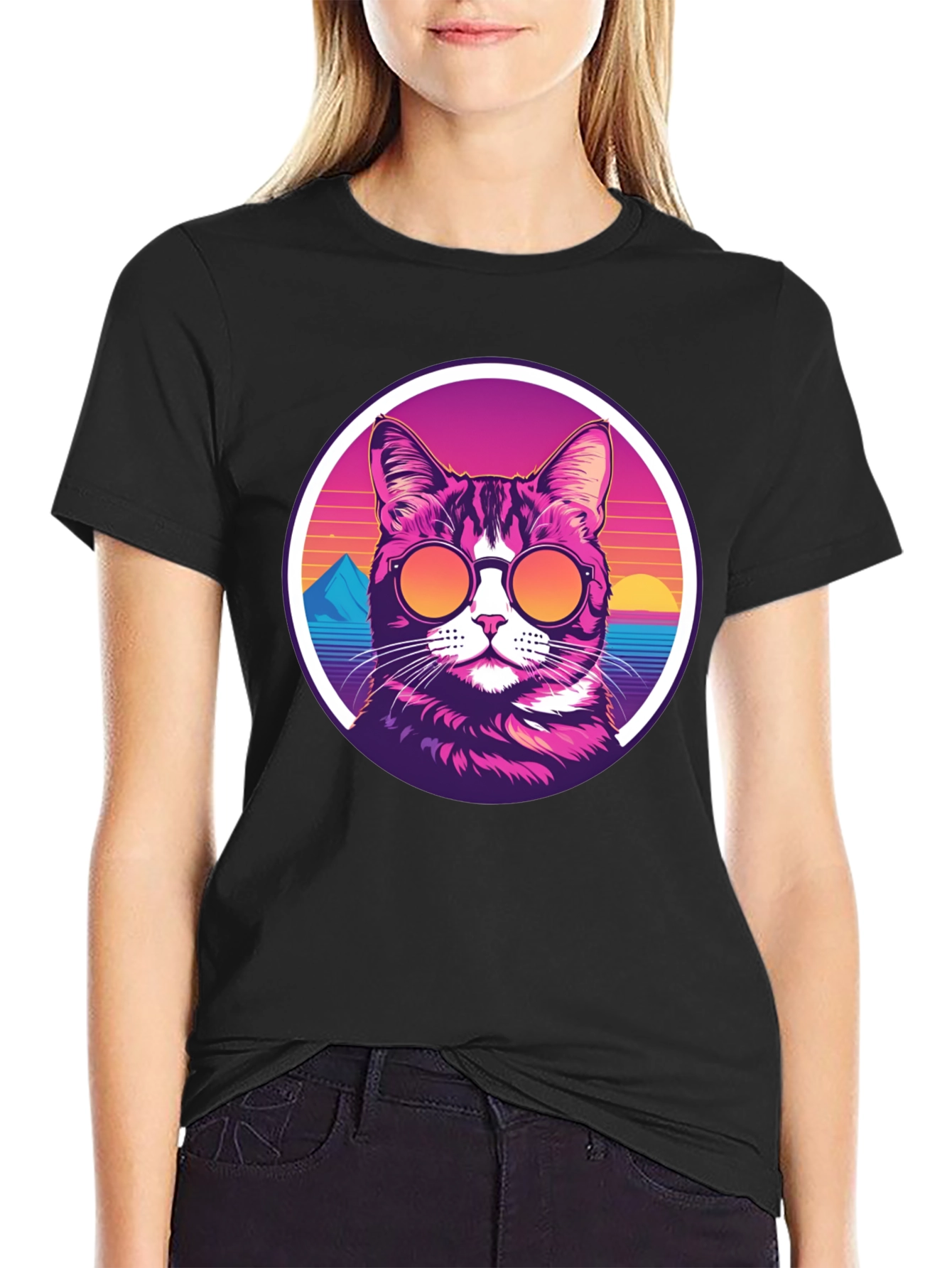 Black Retro Cat T-Shirt - Cool Cat with Shades view 2