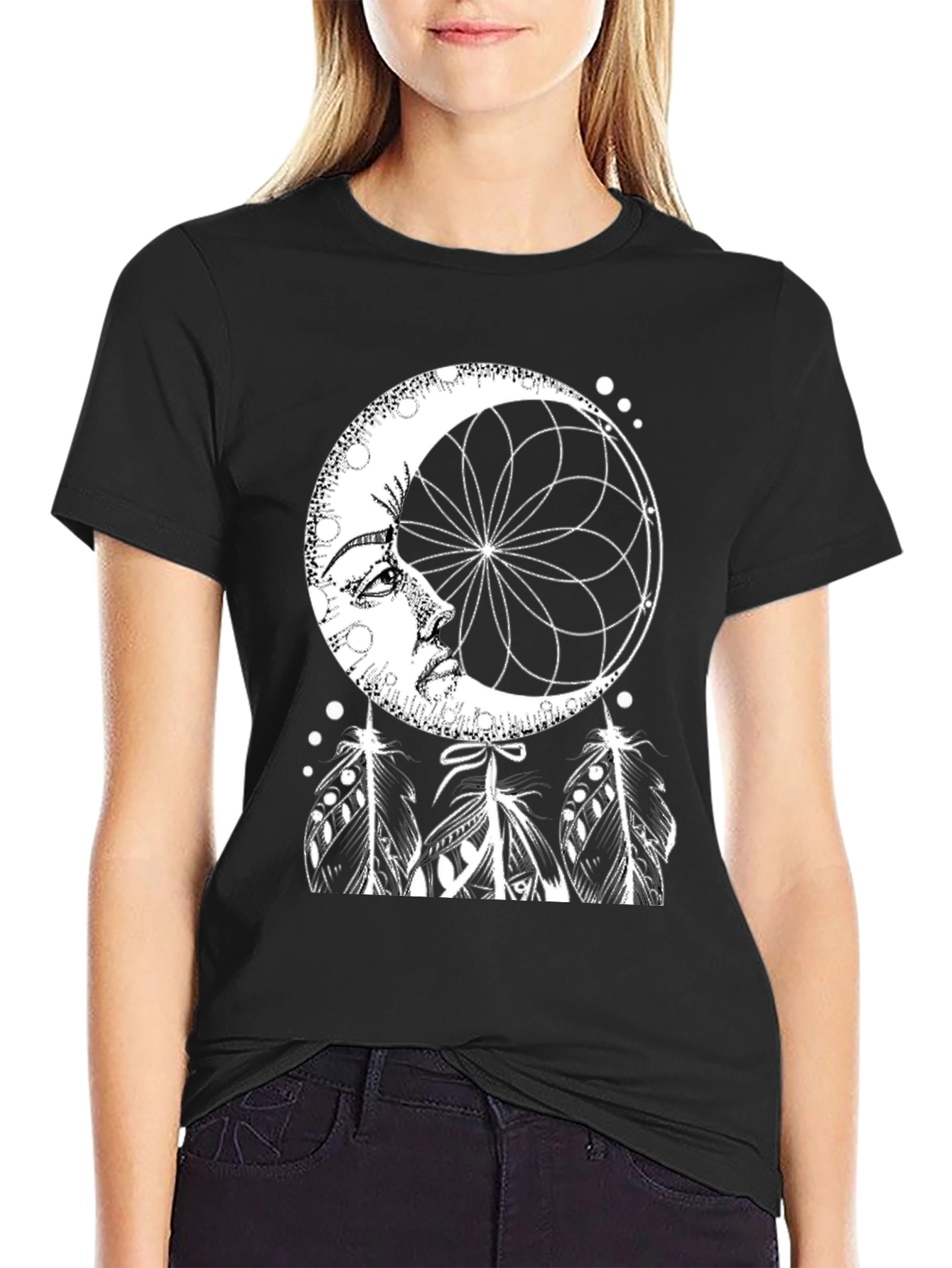Black Dreamy Moon Graphic Tee - Black Cotton Blend view 2