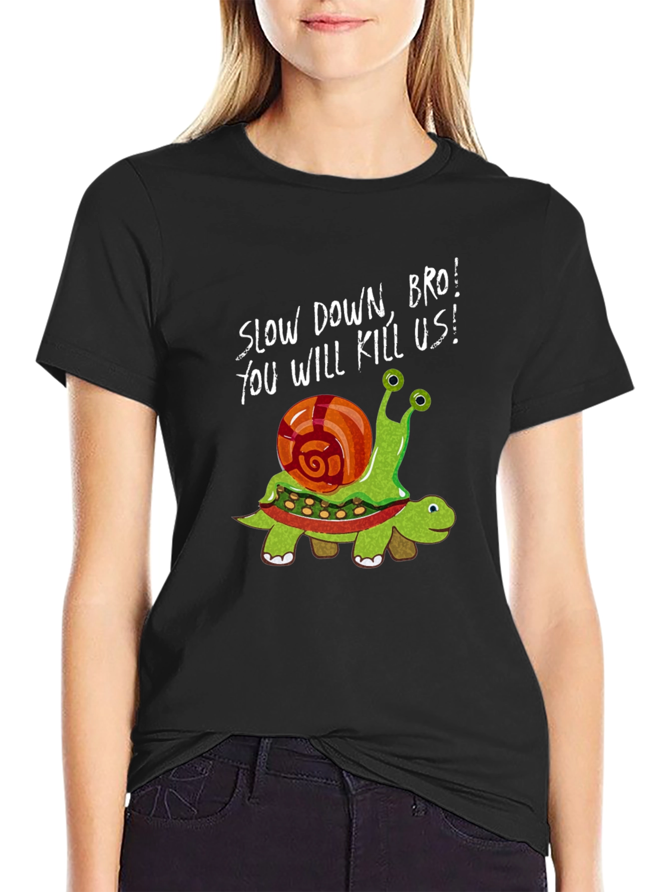 Black Funny Snail Riding Turtle Graphic Tee - Slow Down Bro! view 2