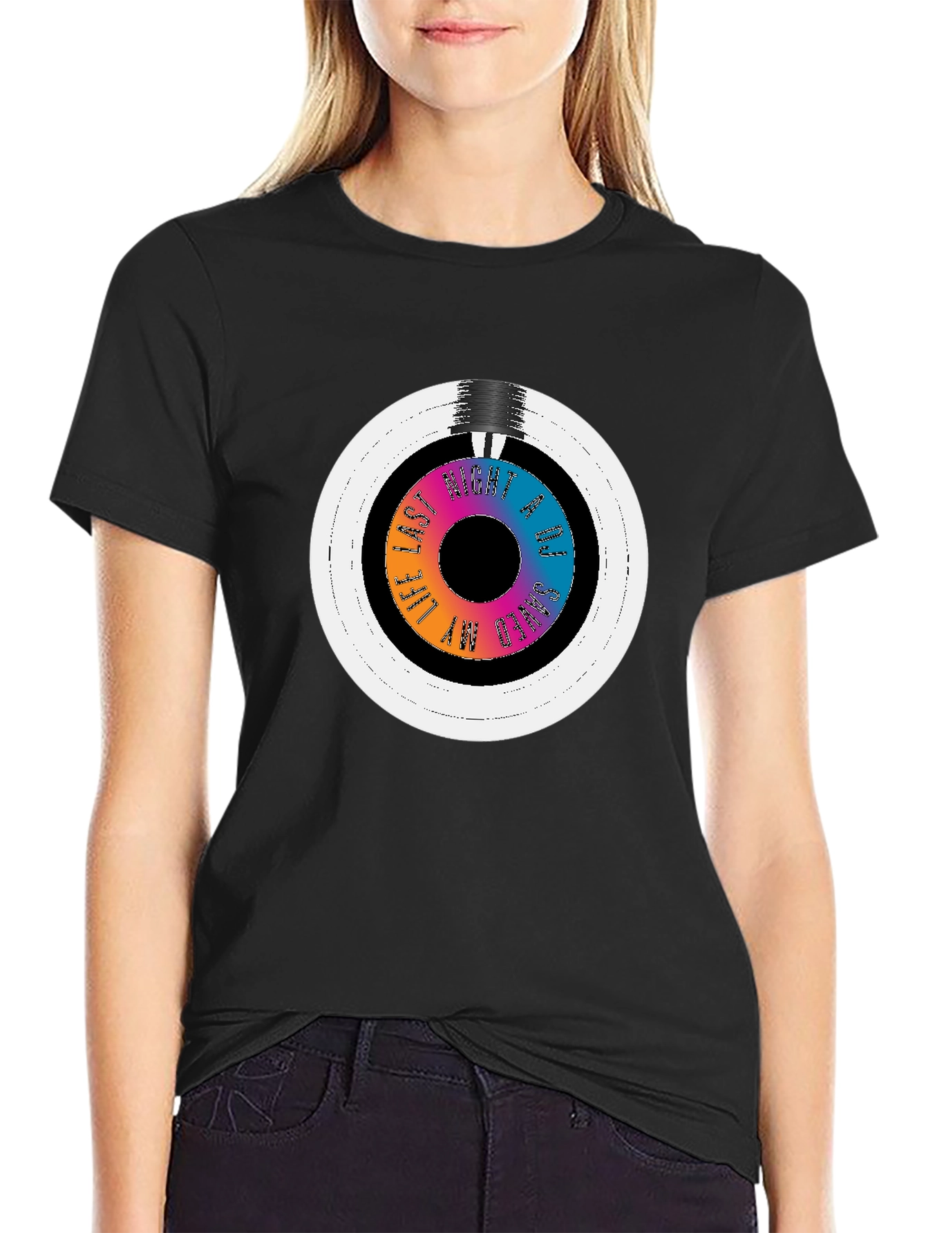 Black Colorful Vinyl Record Graphic Tee - Black Cotton Blend T-Shirt view 2
