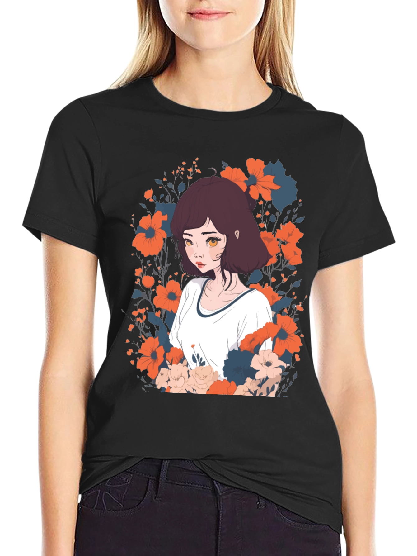 Black Floral Anime Girl Graphic Tee - Unisex Black T-Shirt view 2
