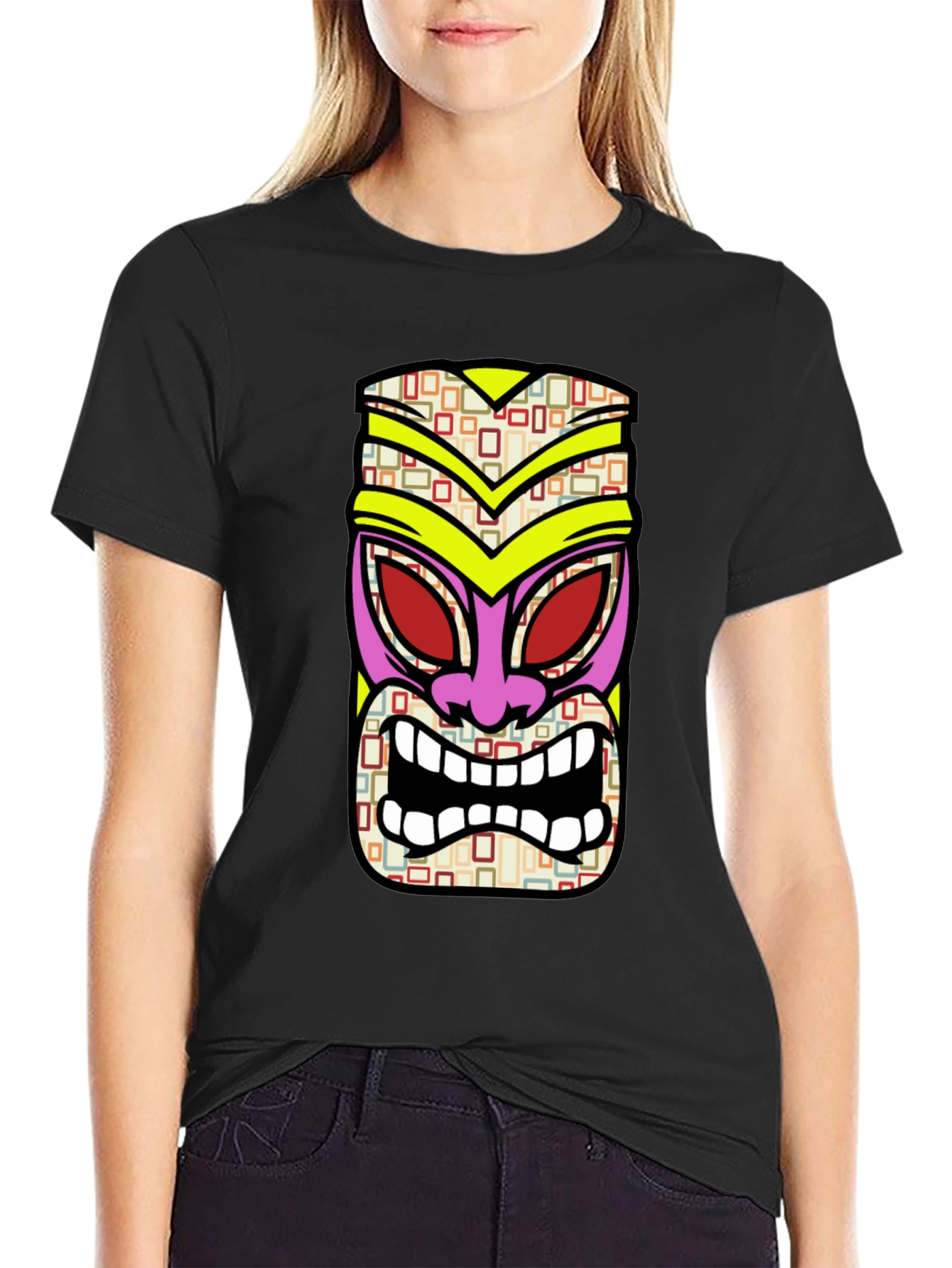 Black Tiki Mask Graphic Tee - Black Cotton T-Shirt view 2