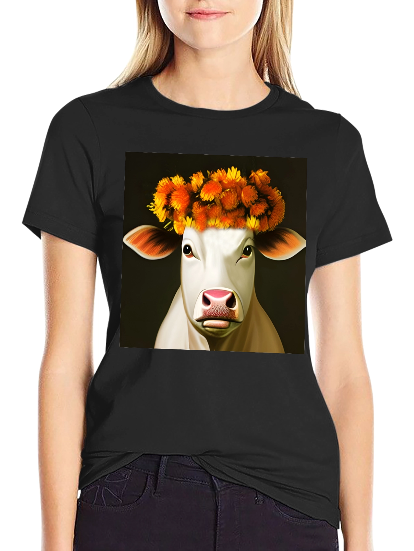 Black Cow with Flower Crown Graphic Tee - Black view 2